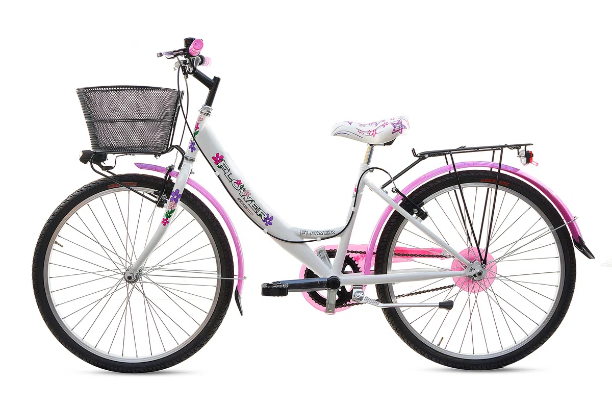 MADICKS Bicicletta Bambina Ragazza da Passeggio Misura 24 Bici con Cestino Floreale Bianco Rosa