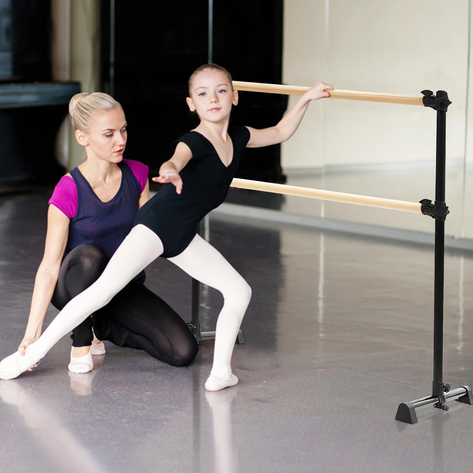 LIROPAU Doppia barra per balletto, autoportante, con piedini antiscivolo, altezza regolabile da 15 a 122 cm, per ragazze e adulti