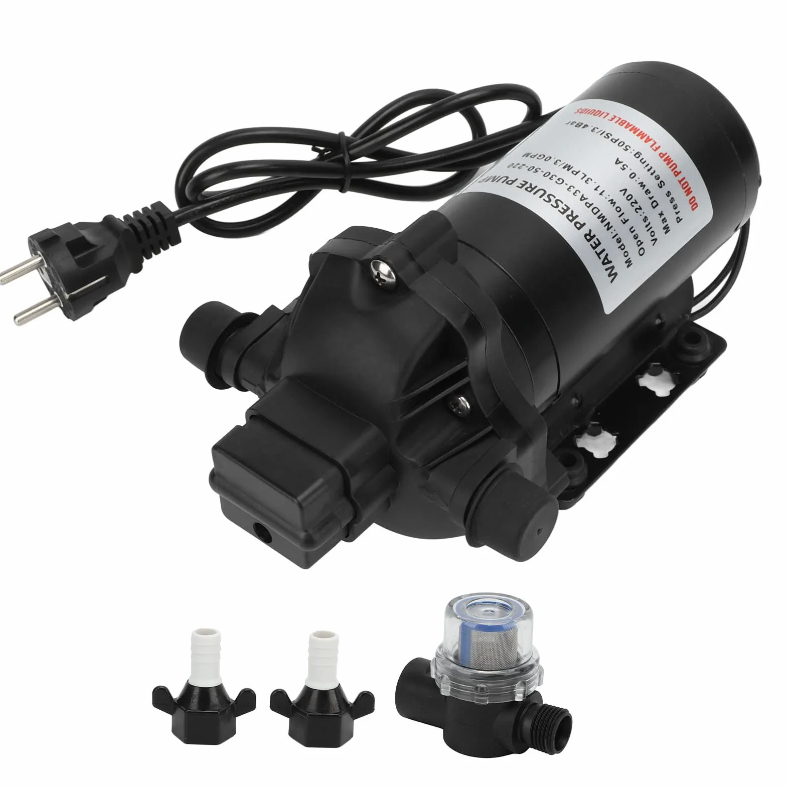 Tbest Pompa a Pressione dell'Acqua 220V 11.3LPM 50PSI, Pompa a Diaframma di Pressione dell'Acqua Autoadescante di Ricambio per Auto, Yacht, Roulotte, Barche Marine