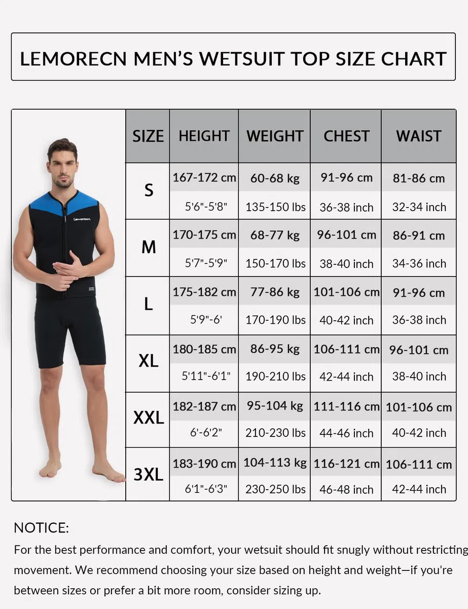 Lemorecn Muta da uomo e donna, 3 mm, senza maniche, in neoprene, con cerniera frontale, per sport acquatici