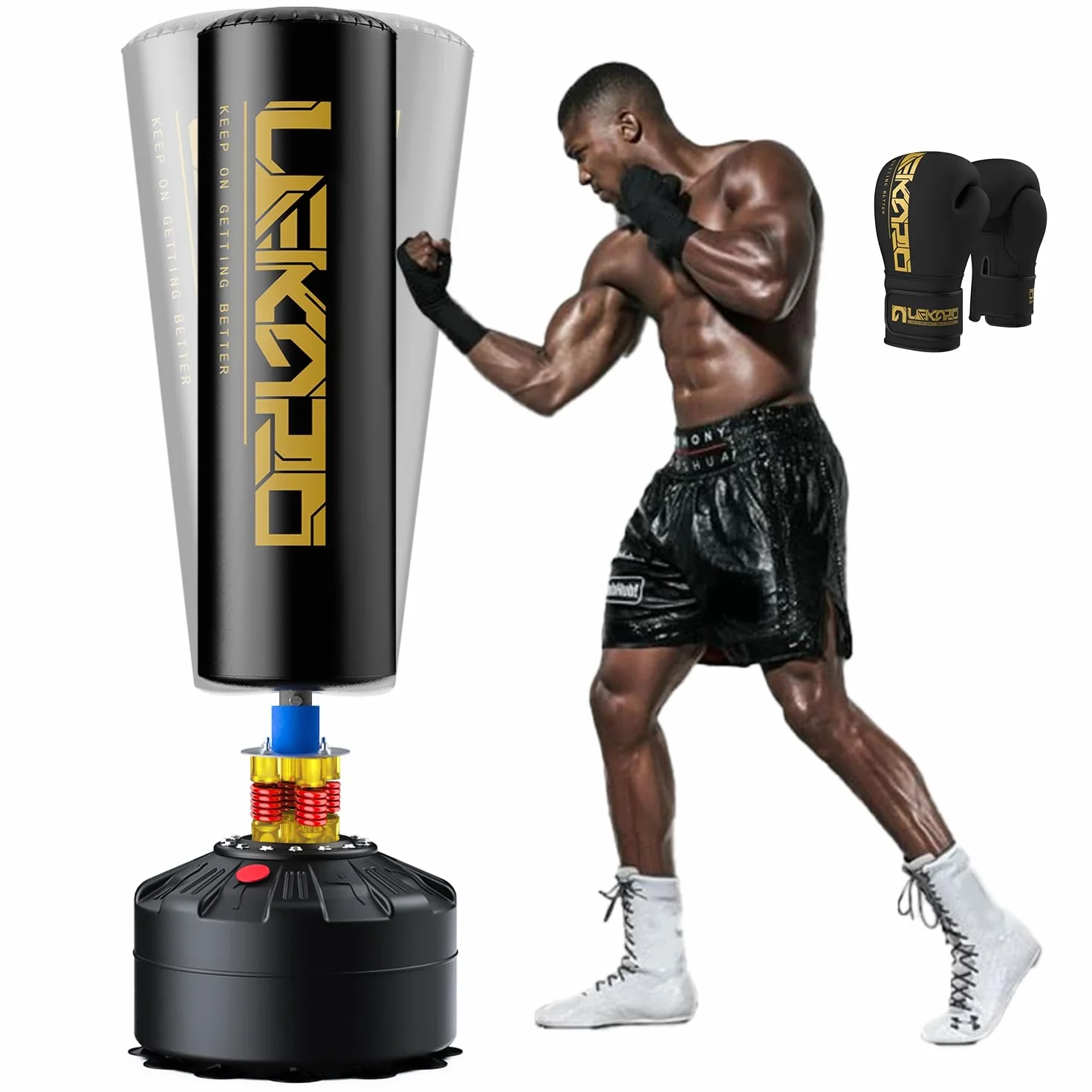 LEKÄRO Sacco Boxe da Terra, Sacco da Boxe Autoportante MMA con Base a 12 Potenti Ventose, kit per allenamento per MMA, muay thai, fitness, casa, palestra