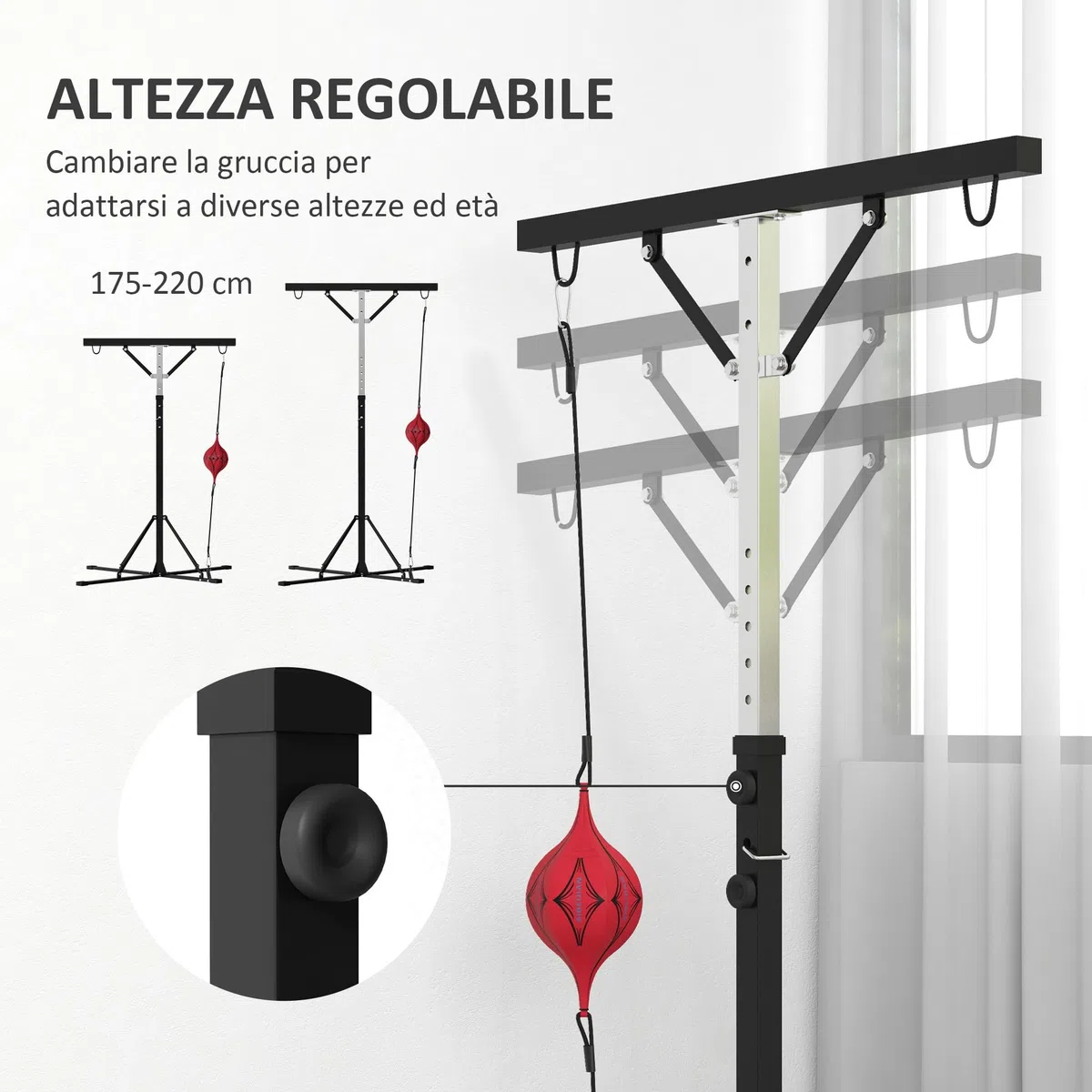 SPORTNOW Supporto Sacco Boxe ad Altezza Regolabile con 6 Barre di Rinforzo e Palla Veloce, Stazione da Sacco, Staffa per Sacco da Boxe da Terra in Acciaio, 160x145x175-220 cm, Nero