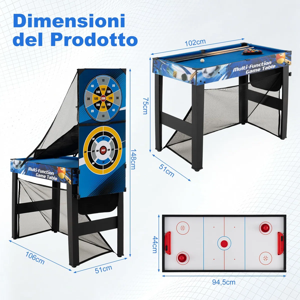 COSTWAY 10 in 1 Tavolo Multigioco, Set Tavolo da Gioco Multifunzione con Biliardo, Hockey, Ping Pong, Basket, Calcio, Tiro, Flipper, Freccette, Tiro con l'Arco e Borsa, Impilabile, 106 x 51 x 148 cm