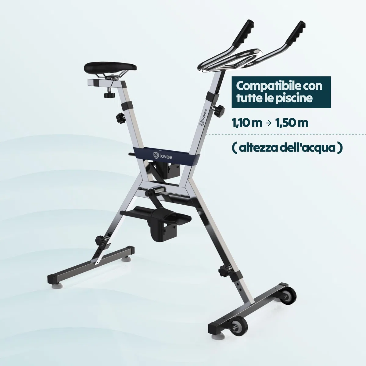 LOVEE Aquabike V2 - Bicicletta da piscina doppia modalità sportiva e comfort, in acciaio inox 316, resistenza al cloro e all'acqua di mare, utilizzabile su tutti i rivestimenti, da 1,10 a 1,50 m di