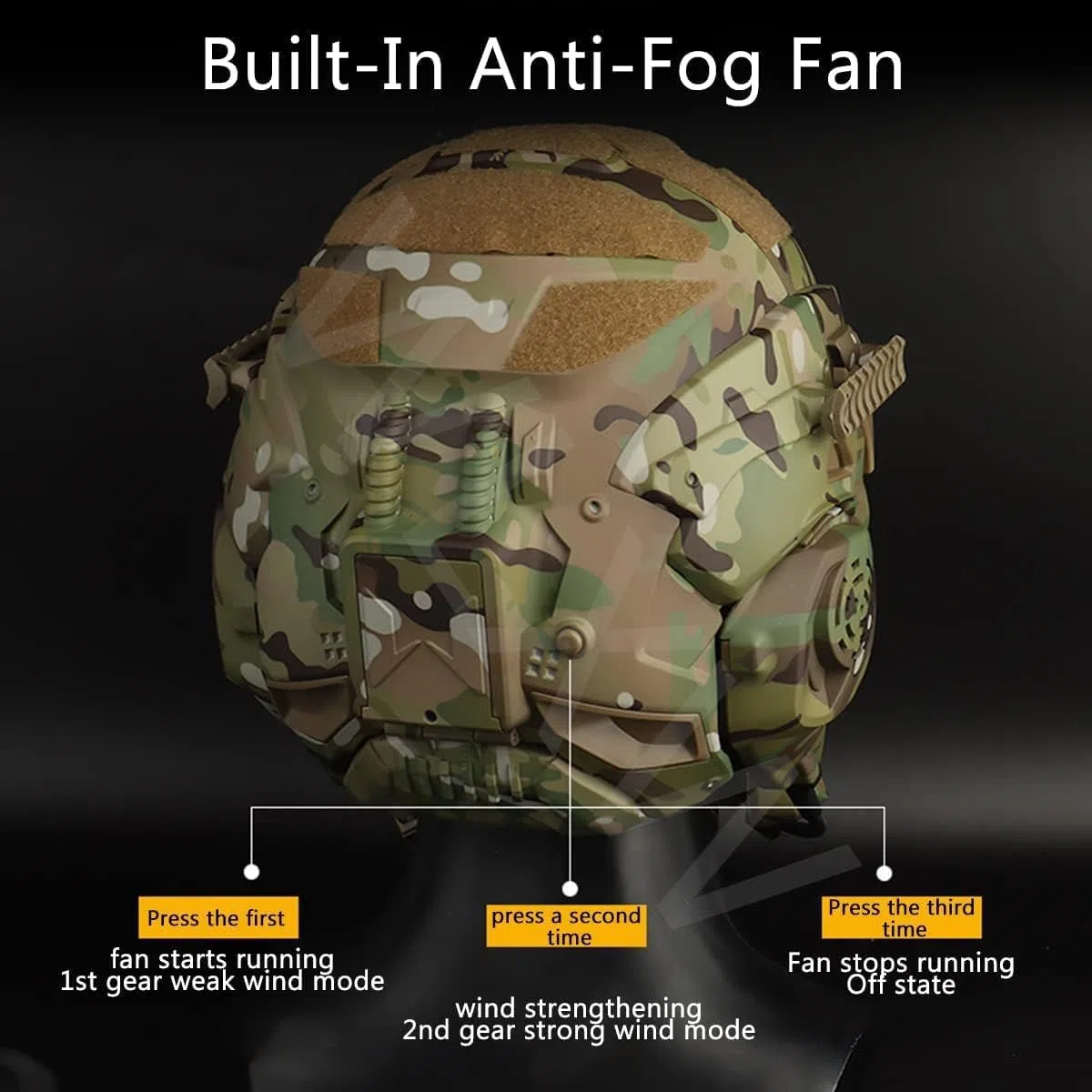 Casco tattico con cuffie rimovibili, ventola anti-appannamento e occhiali scorrevoli per attrezzatura paintball