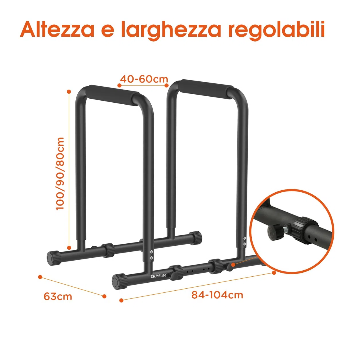 DH FitLife - Dip Parallele Calisthenics Robuste, Stabili e Versatili per Allenamento a Casa | Dip Station Regolabile in Tre Altezze (80/90/100 cm), Ideale per Parallele Dip, Push Up e Sviluppo Forza