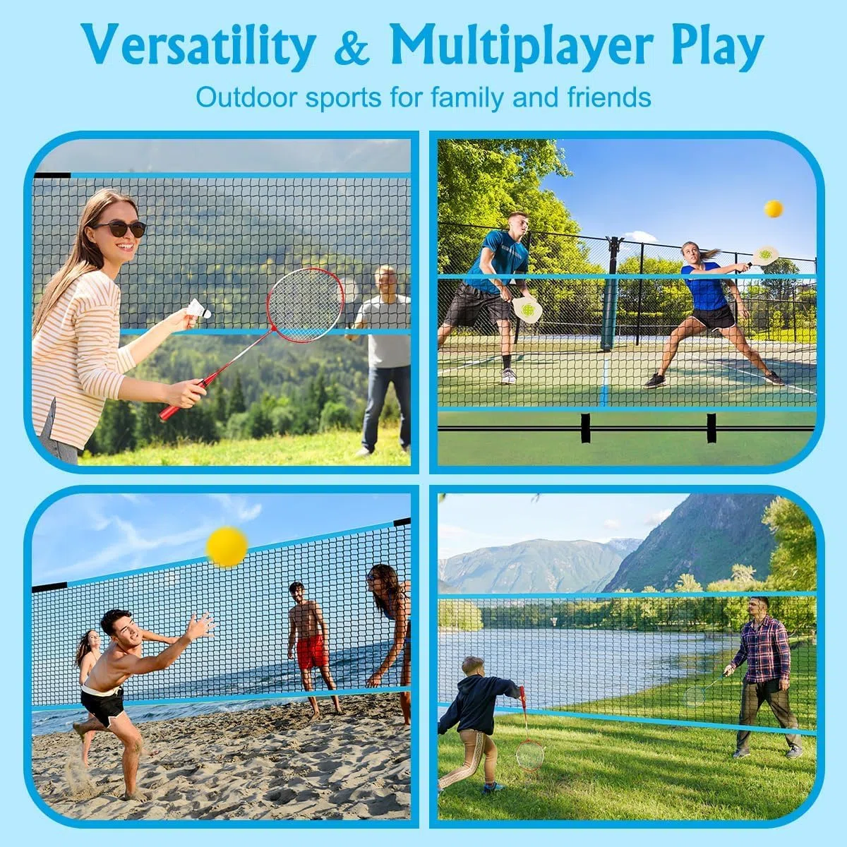 Rete Multisport Regolabile per Badminton, Pallavolo, Pickleball e Tennis | Set Portatile con Paddle e Racchette, 5 Punti di Ancoraggio Indoor/Outdoor