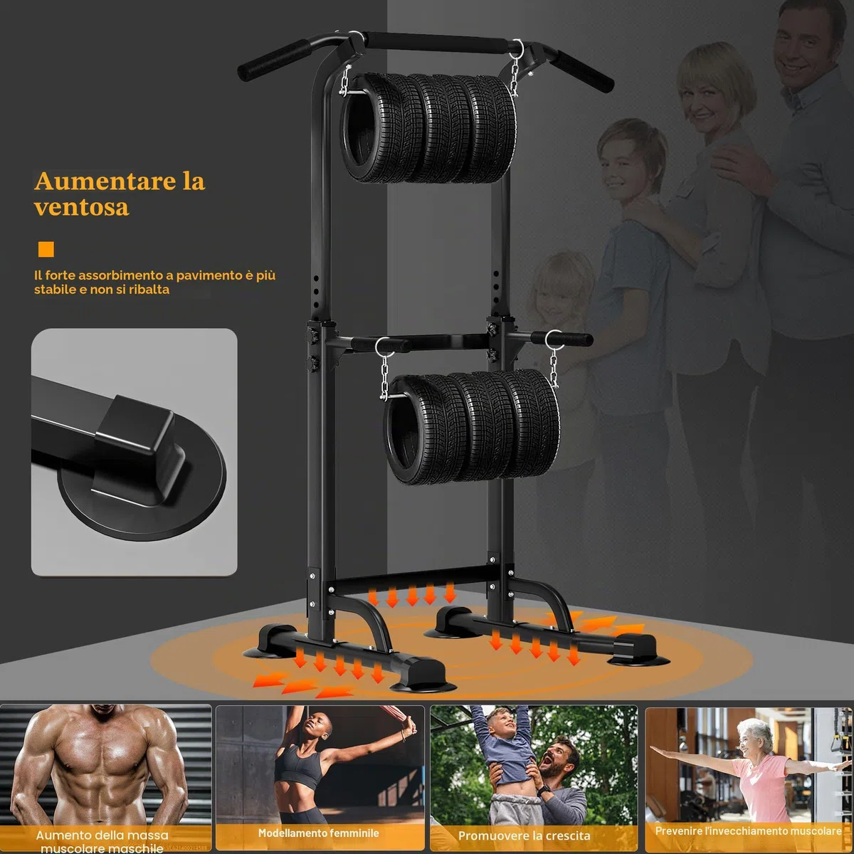 sogesfurniture Power Tower, Dip Station, Sbarra per trazioni,Fitness Multifunzione per Flessioni Trazioni Fitness e Addominali,Altezza Regolabile da 165-210 cm, BHEU-PSBB005