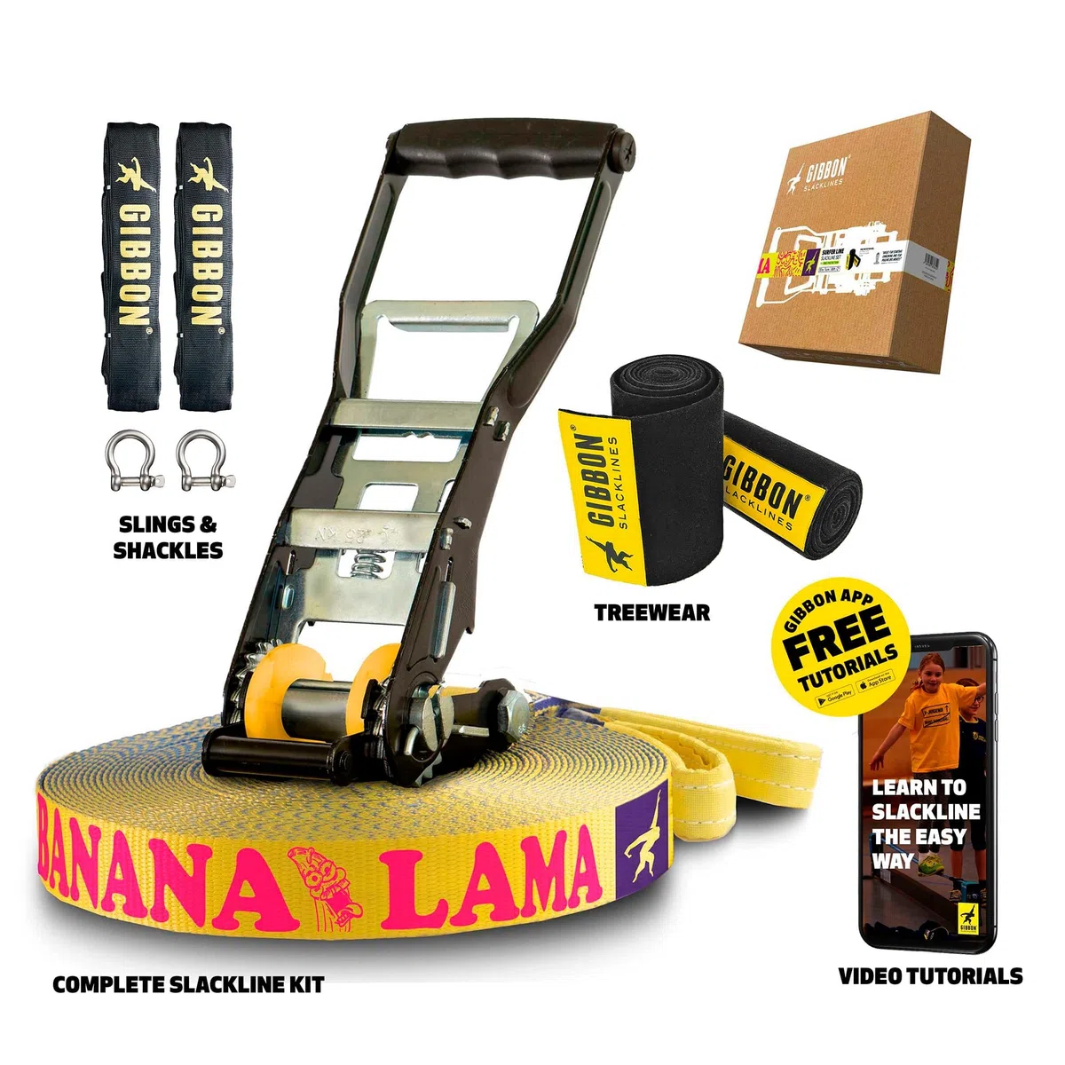 GIBBON BananLama mit TreeWear Slacklines Blu/Giallo 25 M