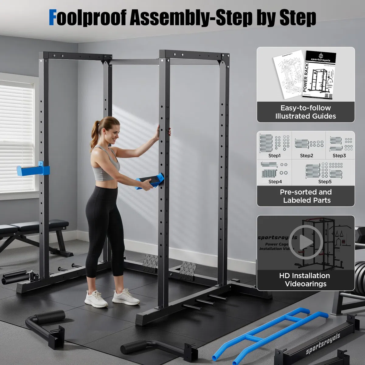 Sportsroyals Power Cage - Power Rack da 725,7 kg con cavo regolabile Crossover, multifunzione Squat Rack con sistema di puleggia e accessori per allenamento per palestra domestica