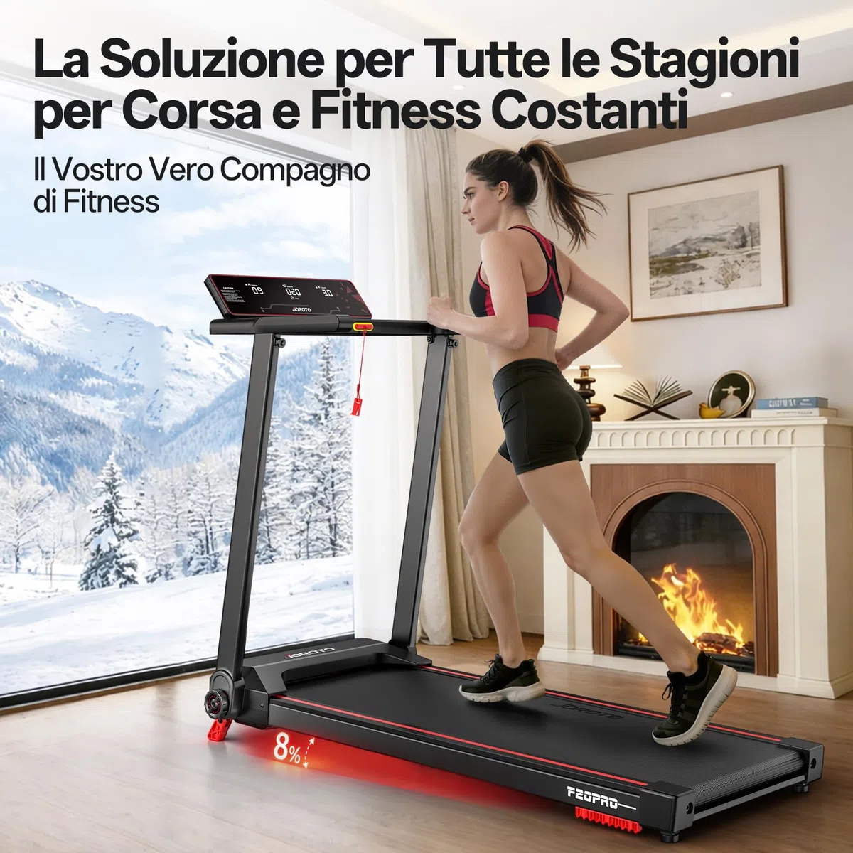 JOROTO Tapis Roulant Pieghevole per Casa, Motore 2,5PS, Pendenza 8%, Velocità 1-12 KM/H, Nastro Largo, Display LED, Portata Max 130KG, Compatto con Maniglie per Camminare e Correre
