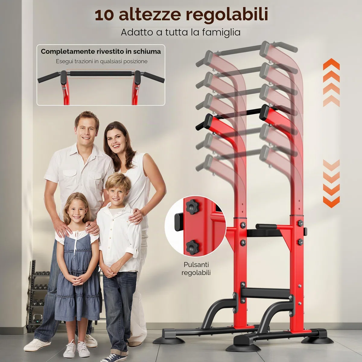 SogesPower Power Tower Dip Station Barra per trazioni per palestra a casa regolabile in altezza attrezzatura per allenamento di forza, rosso