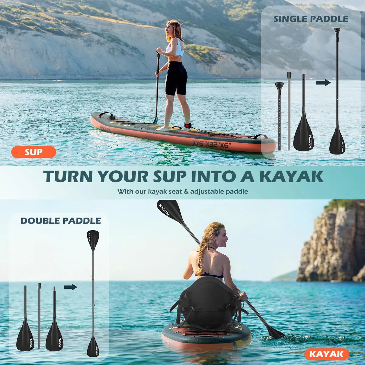 NACATIN Tavola SUP gonfiabile da 320 cm con sedile per adulti, con doppia pagaia, sedile per kayak, zaino, tracolla, borsa asciutta, kit di riparazione, per lago, fiume, yoga