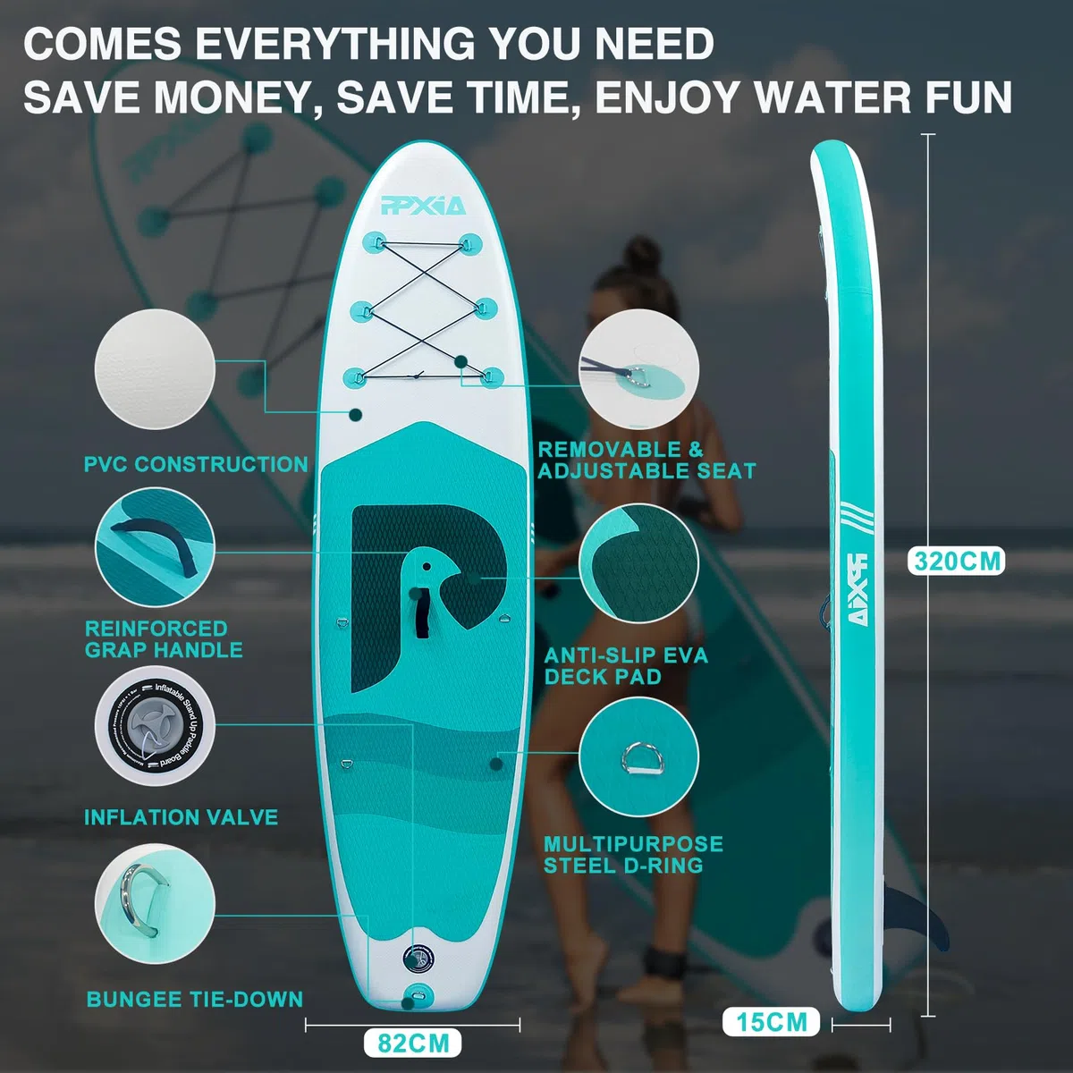 Tavola da Surf a Canottaggio con sedile, tavola da surf gonfiabile con capacità di carico fino a 200 kg, accessorio per principianti, adulti e bambini