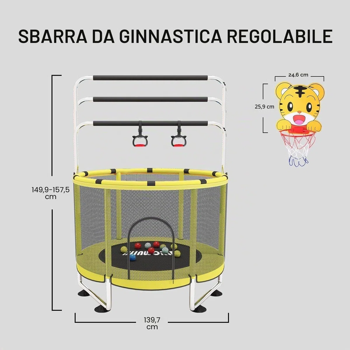 Trampolino per bambini, regolabile, con canestro da basket, 200 kg, per interni ed esterni, con recinzione