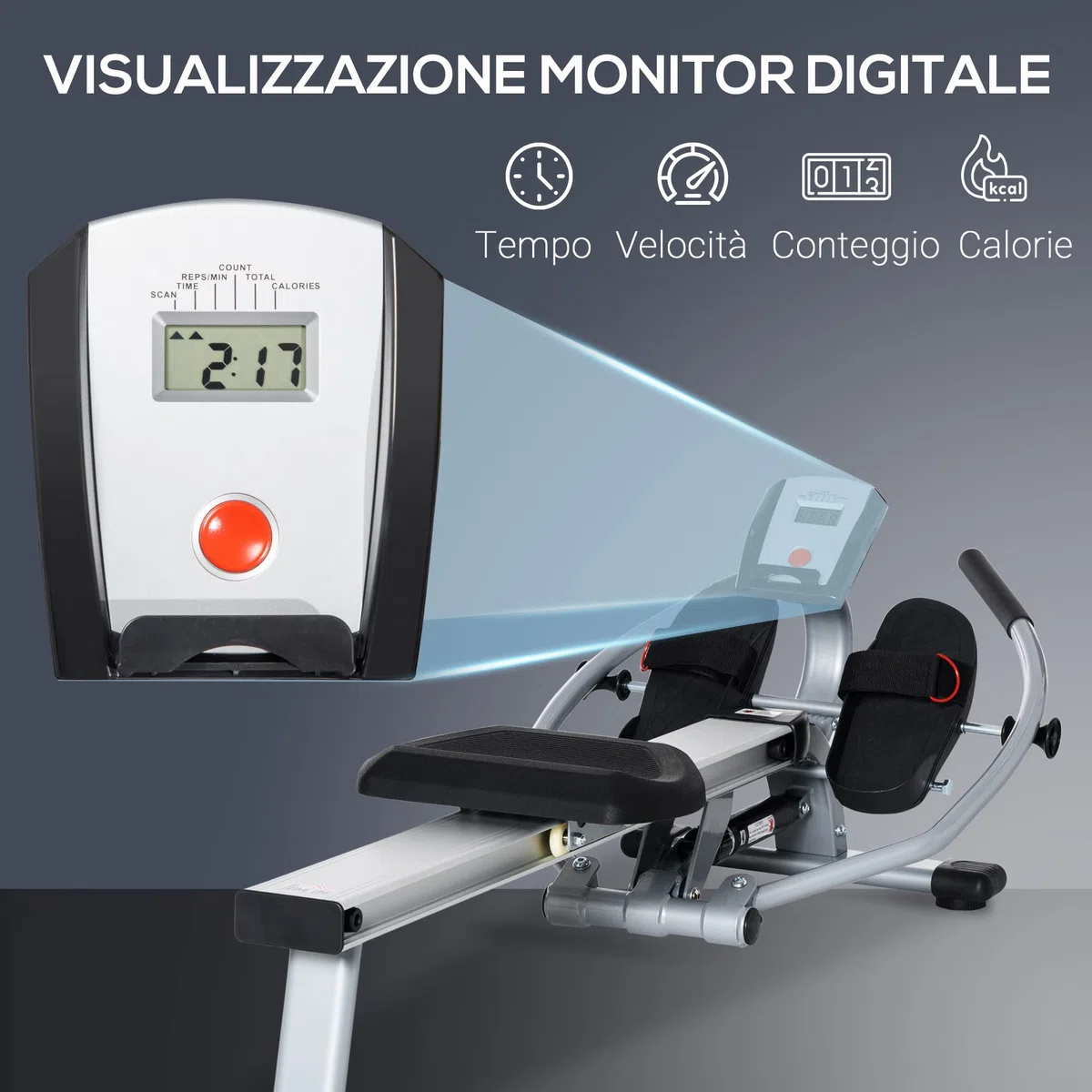 HOMCOM vogatore Professionale Magnetica per Casa a 12 Resistenze per Allenamento con Monitor Digitale e Struttura Scorrevole in Alluminio, Acciaio e ABS, 160x61x50cm, Grigio e Nero