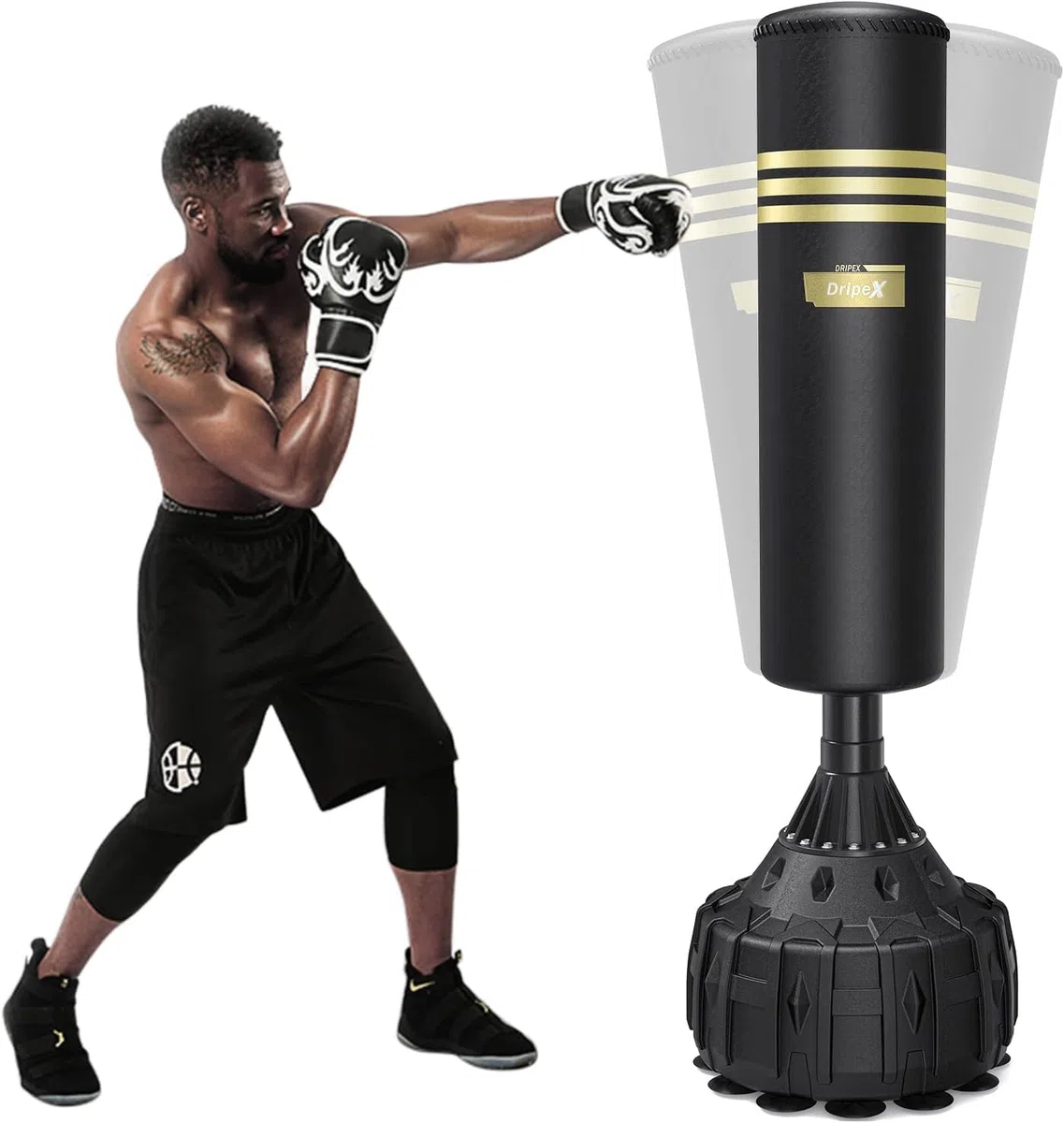 Dripex Sacco Boxe Basic, 165 cm Sacco Boxe da Terra Autoportante con Base a 12/19 Ventosi Potenti per Adulti Giovani Kickboxing (Base e Sacco Due Pacchi)