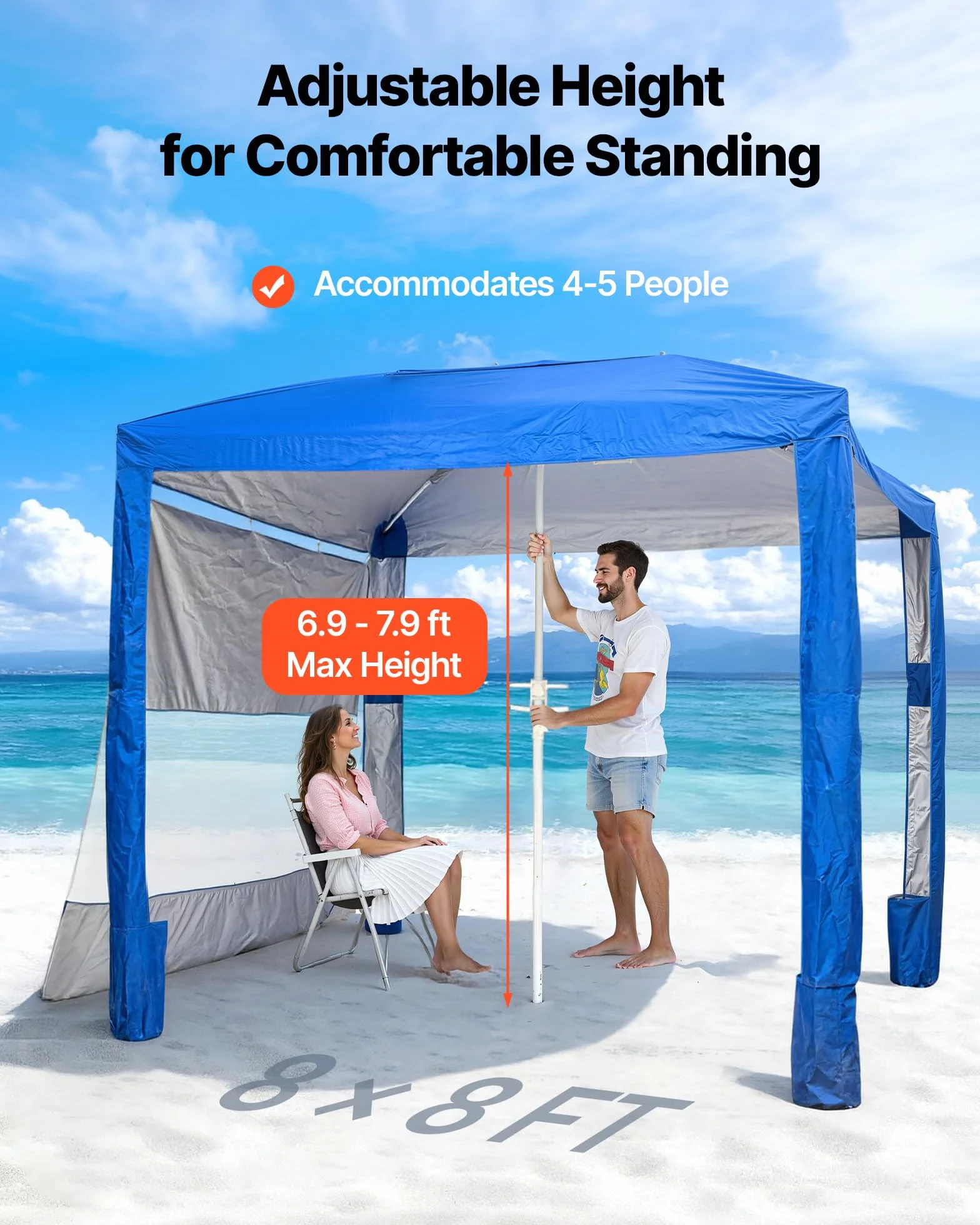 VEVOR Parasole da Spiaggia Portatile 2400 x 2400 x 2400 mm con Parete Laterale e Tasche per la Sabbia, Facile da Montare, Ombrellone Parasole Portatile Regolabile in Altezza per Famiglia, Blu