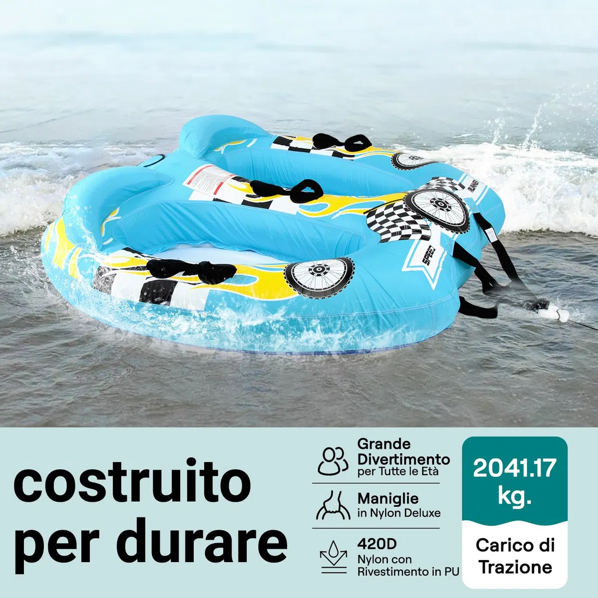SereneLife Tubo Trainabile Gonfiabile per Sport Acquatici, Galleggiante Piscina per Due Persone, PVC, Imbottitura in Schiuma, Maniglie in Nylon