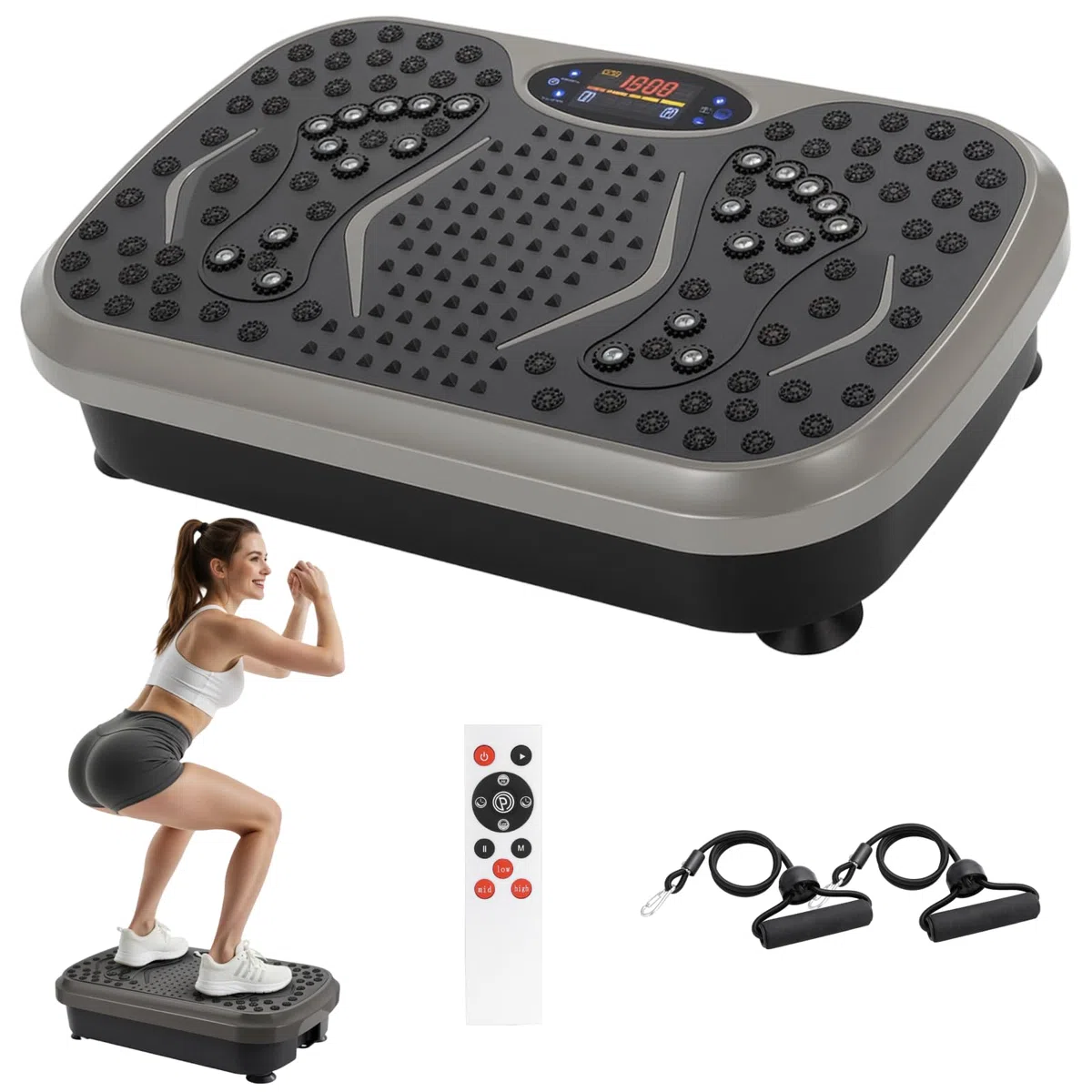 TLGREEN Piastra Vibrante, Design Compatto, 99 Livelli, 5 Programmi di Allenamento, con Bande di Resistenza, Touch Screen e Telecomando, Fitness Pedana Vibrazioni, Tavola Vibrante per Casa