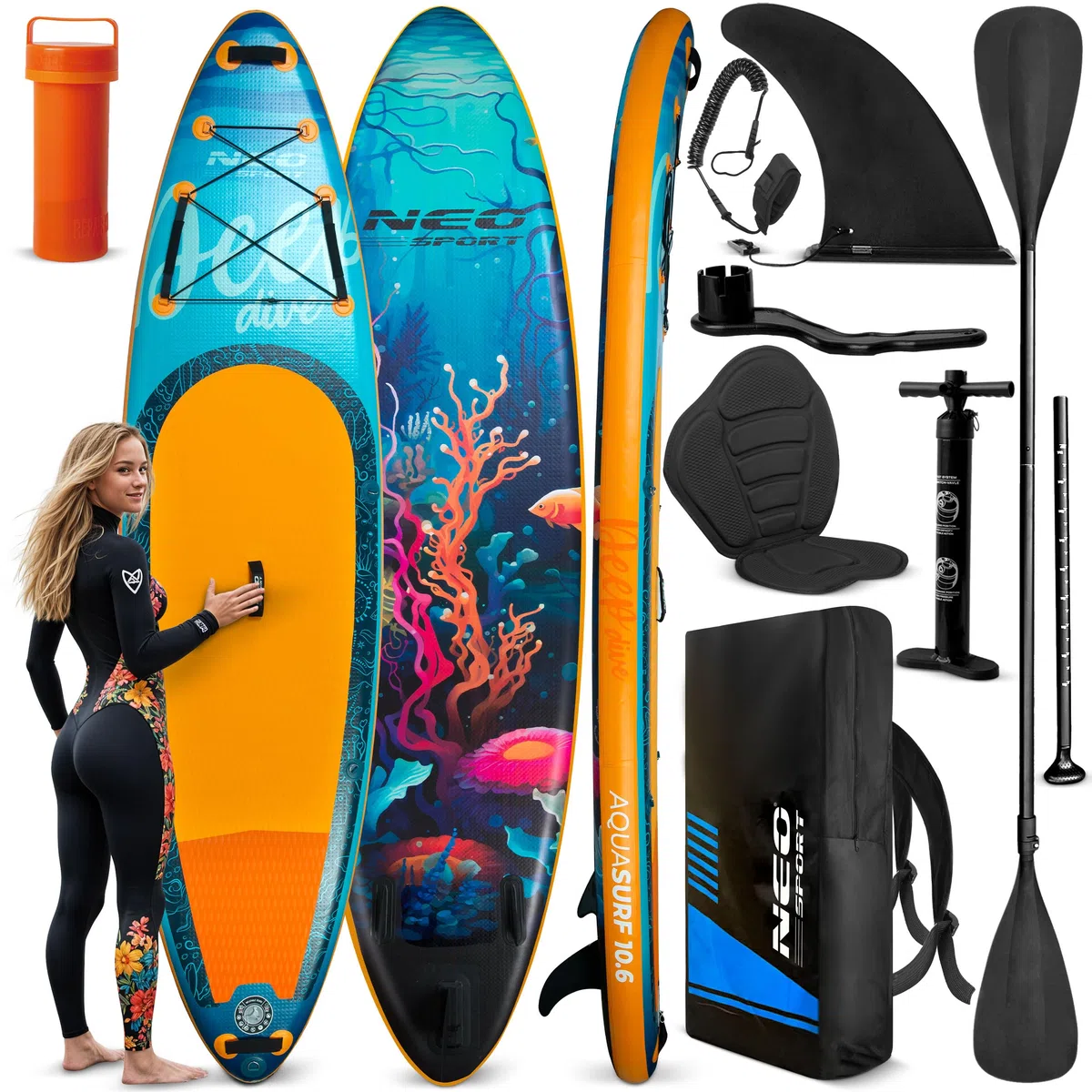 Neo-Sport Tavola da SUP gonfiabile per paddle con pompa a mano zaino per seduta acquasurf 320 x 84 x 15 cm