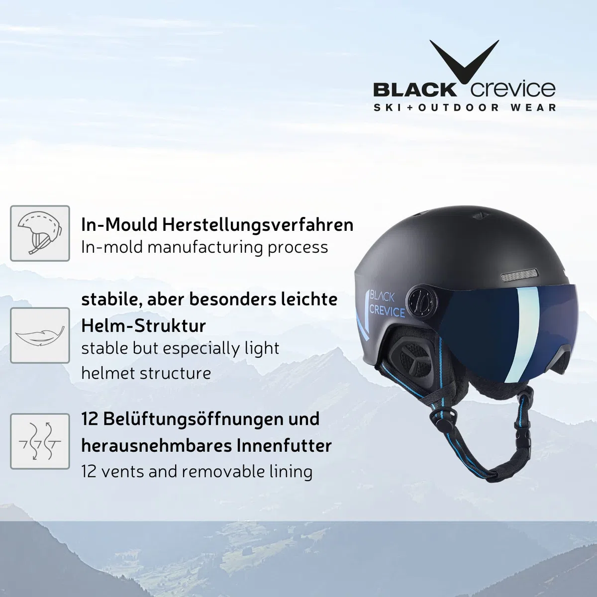 BLACK CREVICE Casco da sci Sölden I Casco da sci con visiera stile pilota in diversi colori I Casco da sci Uomo & Donna I Casco da snowboard unisex I Casco da sci traspirante I Regolabile