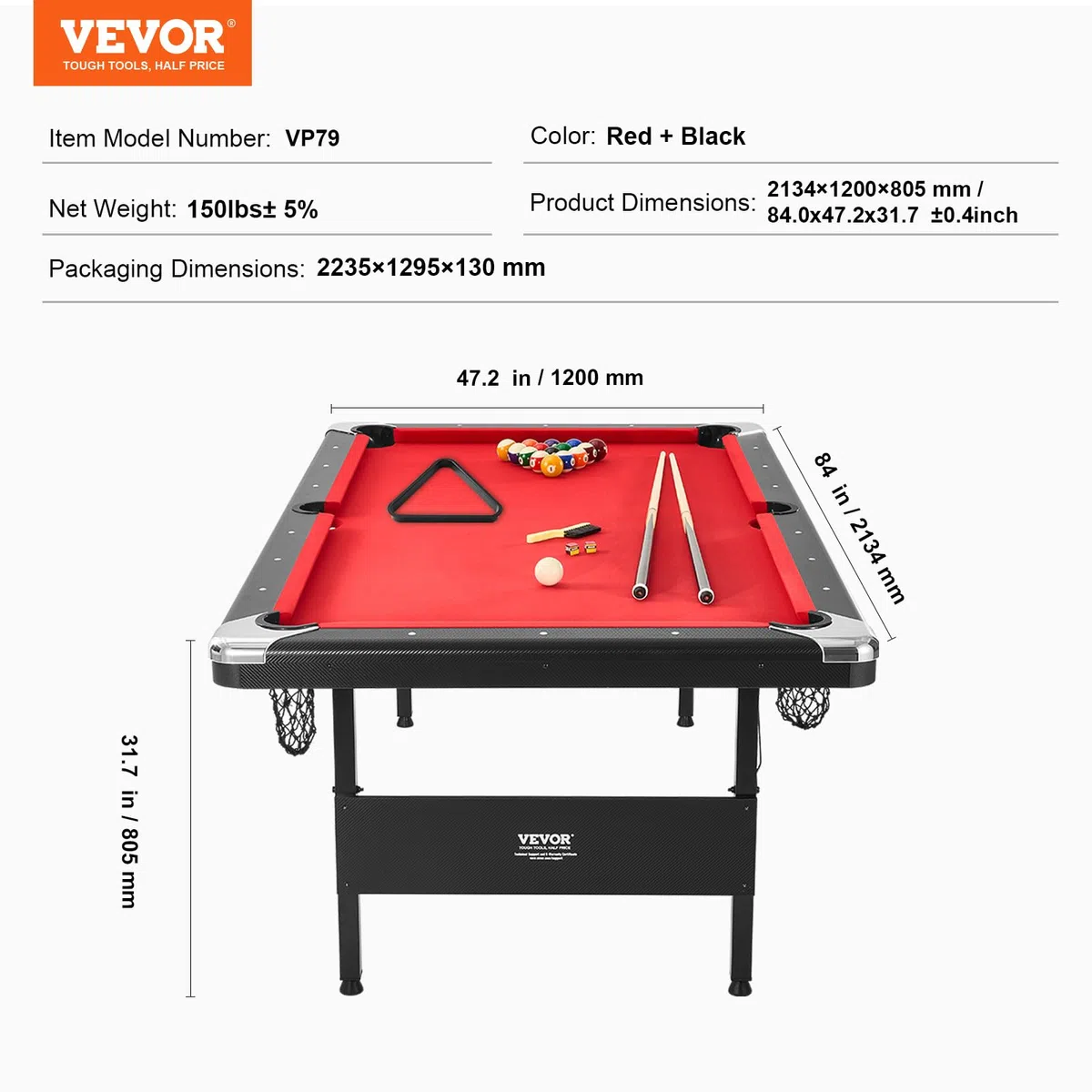VEVOR Tavolo da Biliardo da 7 Piedi, Pieghevole Salvaspazio, Set Con Palline, Stecche, Gesso, Nero, Perfetto per la Sala Giochi di Famiglia per Bambini e Adulti