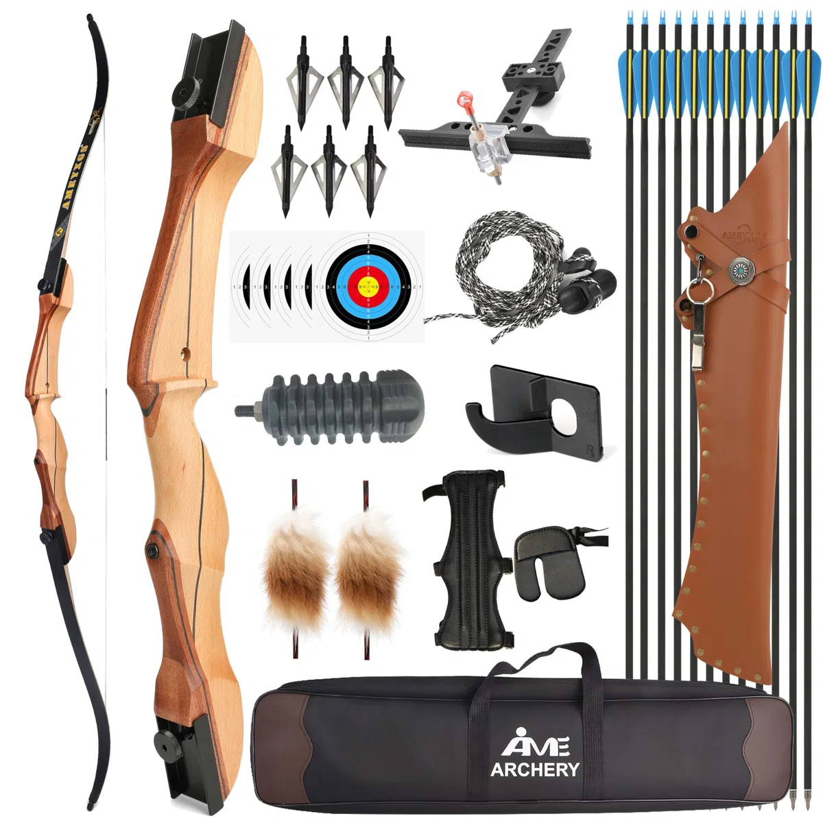 Tiro con l'arco Set arco e frecce da caccia Kit arco ricurvo in legno da 66-68-70 pollici Arco da competizione smontabile da 14-40 libbre Arco lungo per tiro al bersaglio