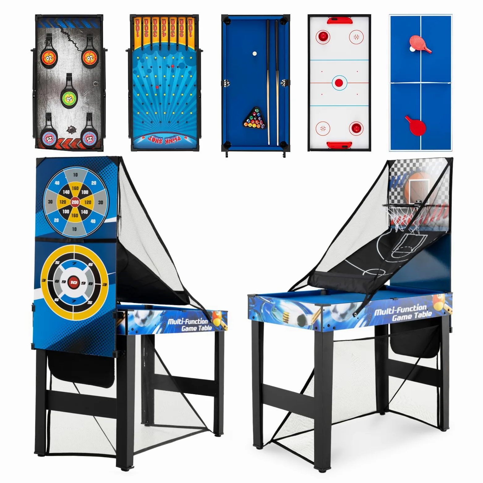 COSTWAY 10 in 1 Tavolo Multigioco, Set Tavolo da Gioco Multifunzione con Biliardo, Hockey, Ping Pong, Basket, Calcio, Tiro, Flipper, Freccette, Tiro con l'Arco e Borsa, Impilabile, 106 x 51 x 148 cm