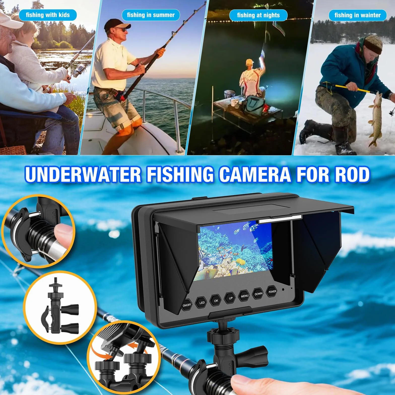 Fishfinder con Monitor 4.3" IPS, Telecamera Subacquea per Pesca con Batteria 8500mAh, HD 1200TVL Fotocamera Subacquea con Visione Notturna per Pesca su Ghiaccio, Lago e Mare