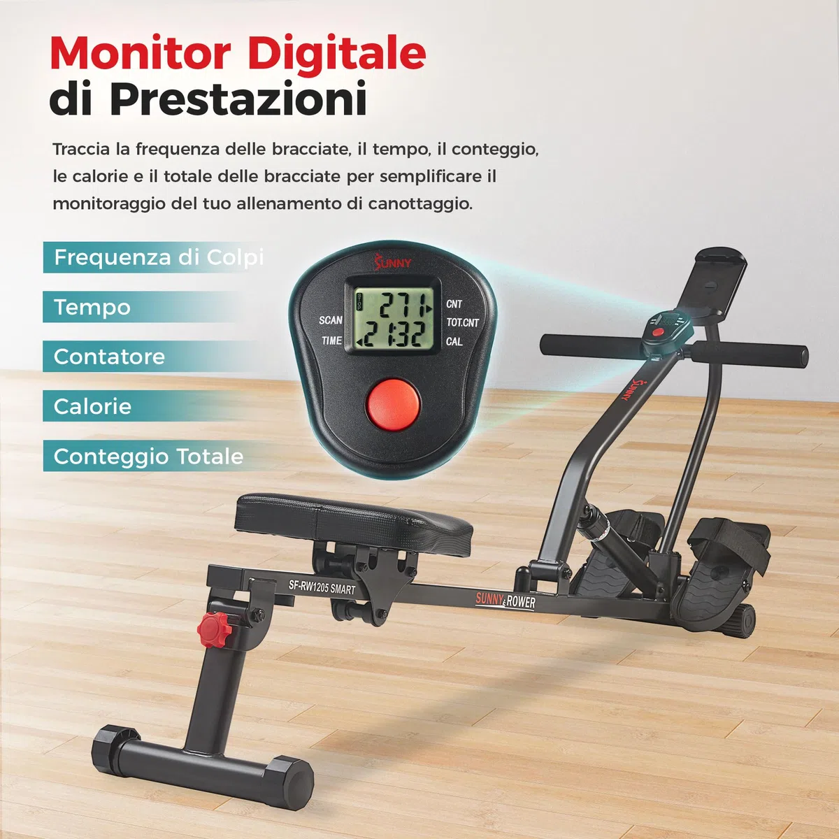 Sunny Health & Fitness Vogatore Compatto Regolabile per Casa, Attrezzatura Cardio con 12 Livelli di Resistenza per Allenamenti Completi del Corpo e Connessione Avanzata con App SunnyFit Gratuita