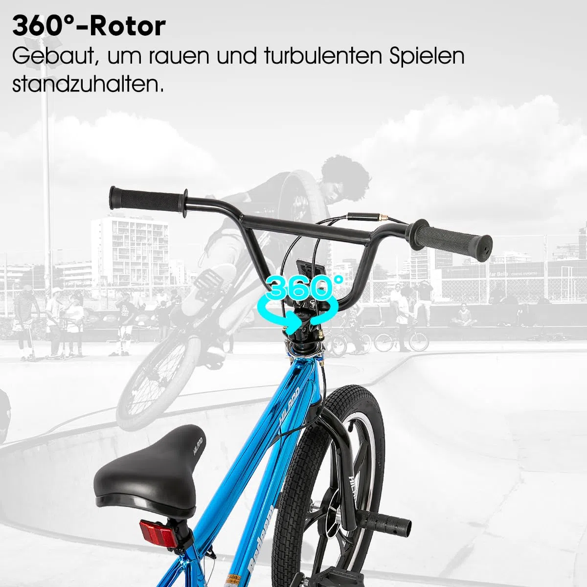 HILAND Bicicletta per bambini da 20 pollici, a 5 razze, per bambini e bambine di 7, 8, 9, 10 anni, rotore a 360 gradi, freestyle, 4 pedane single speed per bambini, BMX, colore blu