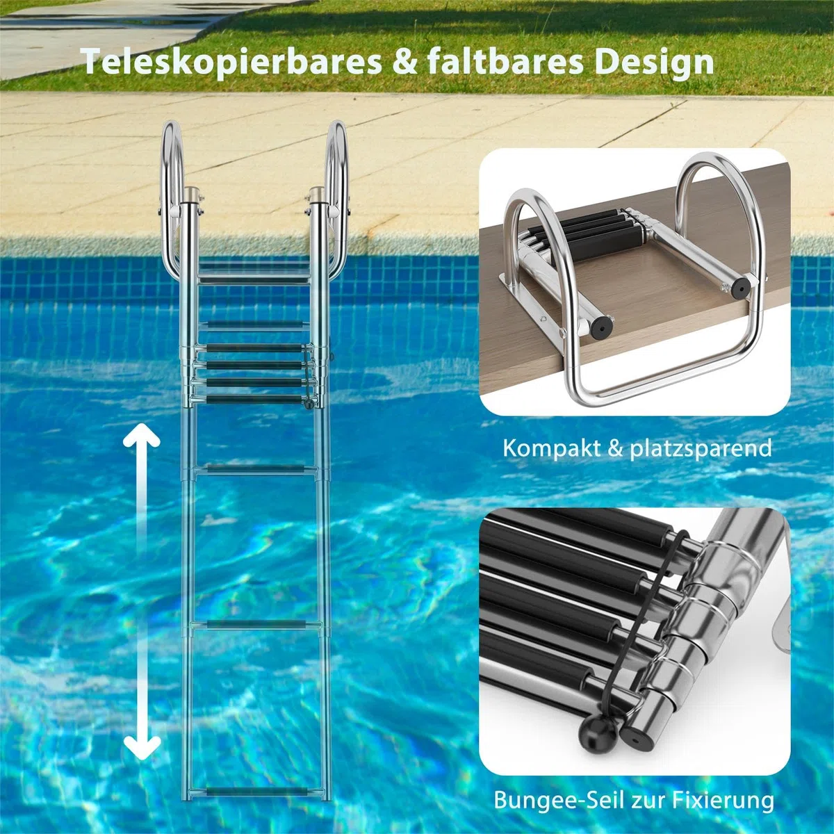 SOARS Scaletta da piscina pieghevole, 4 gradini, in acciaio inox, telescopica, con corrimano e gradini antiscivolo, scala in acciaio inox fino a 227 kg, portata posteriore
