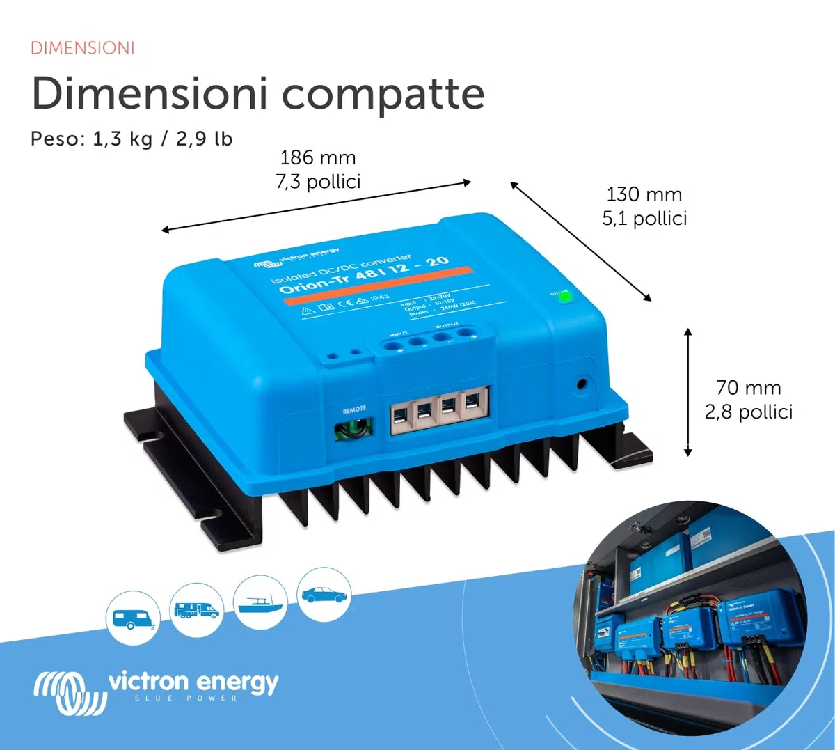 Victron Energy Orion-Tr IP43 48/12-Volt 20 amp 240-Watt Convertitore DC-DC, Isolato