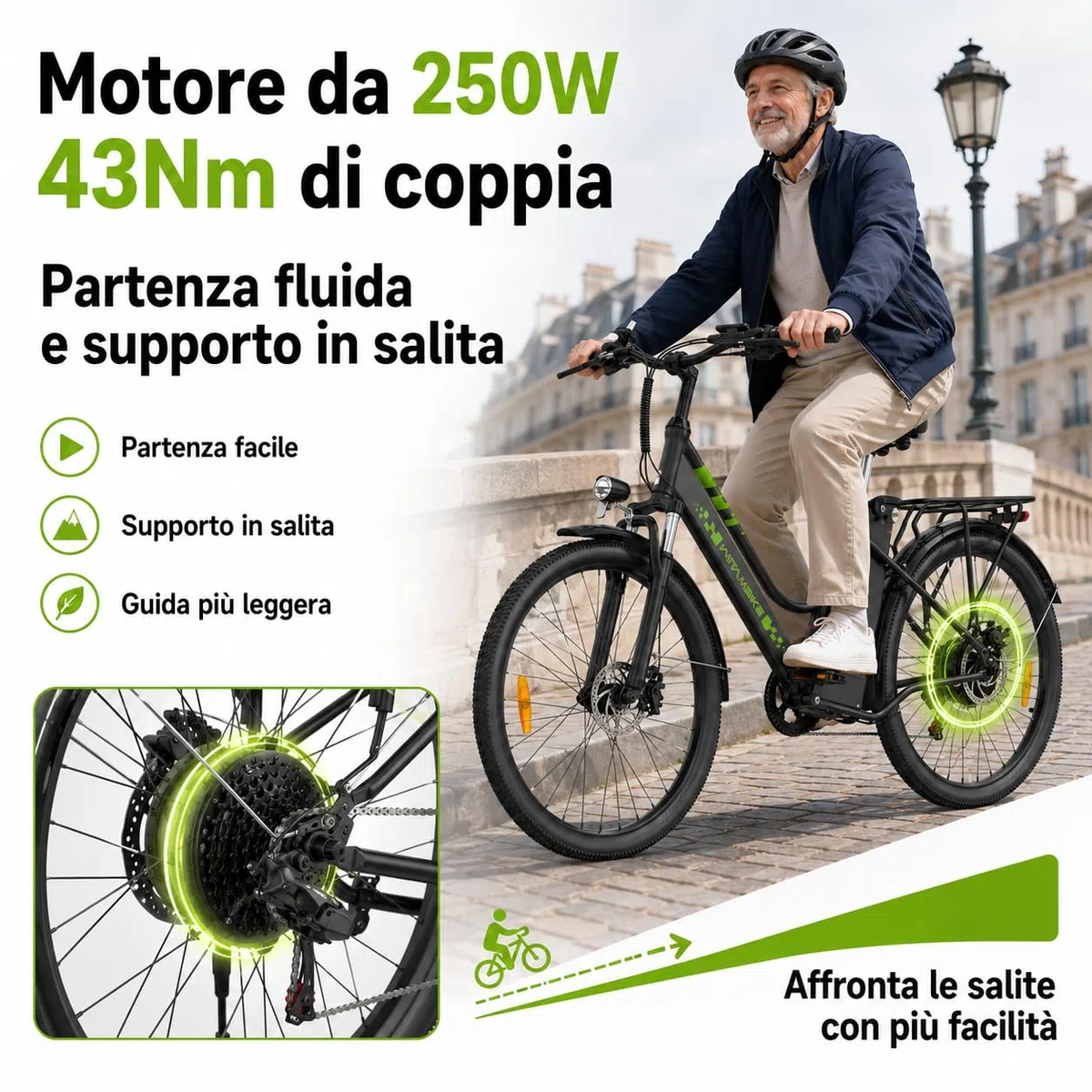 26" Bici Elettrica uomo donna,36V 15Ah Batteria Rimovibile Motore 250W,Autonomia fino a 100 km, 7 Velocità, Freni a Disco, Sospensione Anteriore City E-Bike for Urban Commuters