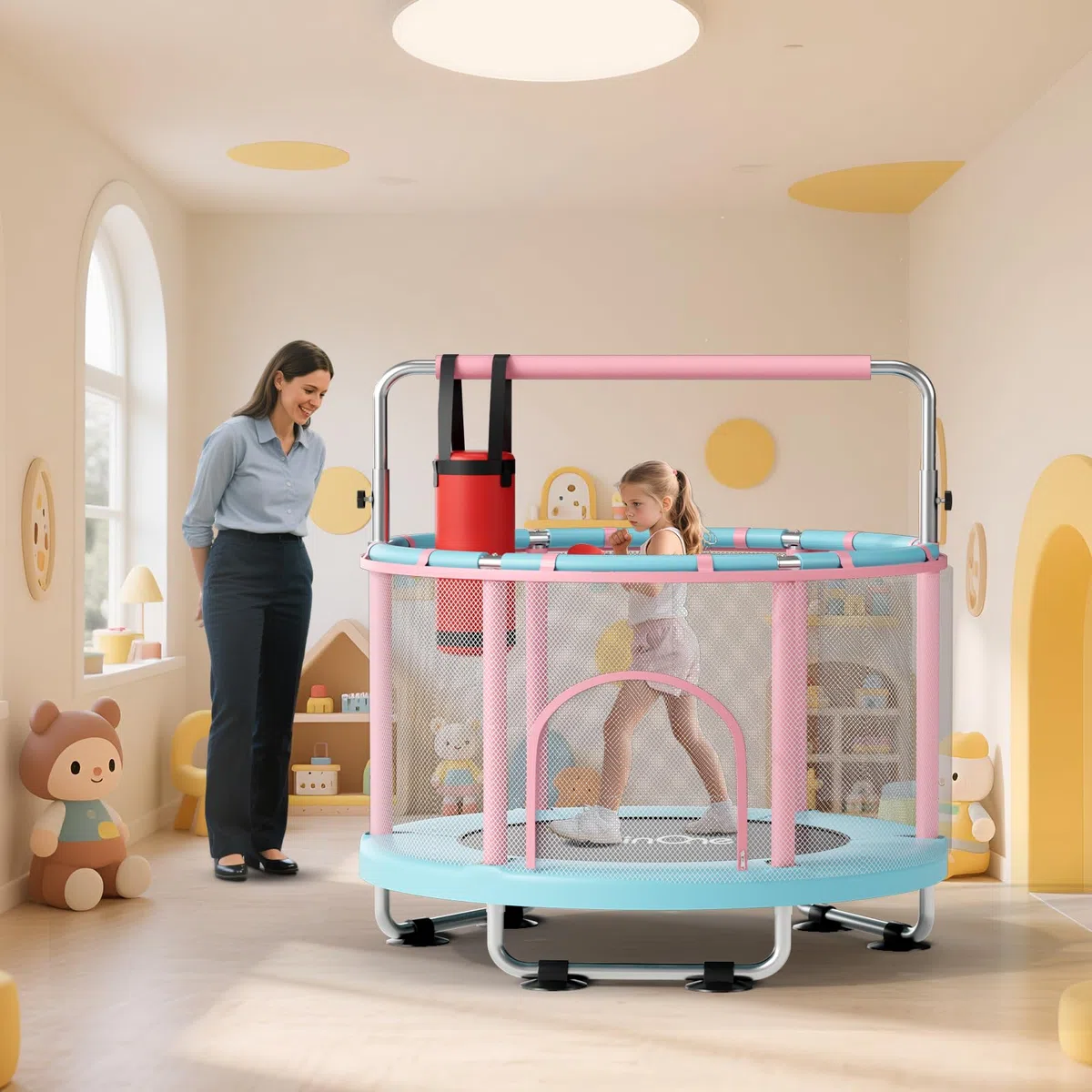 FitinOne Trampolino per bambini, 140 cm, mini trampolino per bambini piccoli per interni ed esterni con altalena, 199,6 kg, trampolino per bambini, sbarra da ginnastica, regali di compleanno per