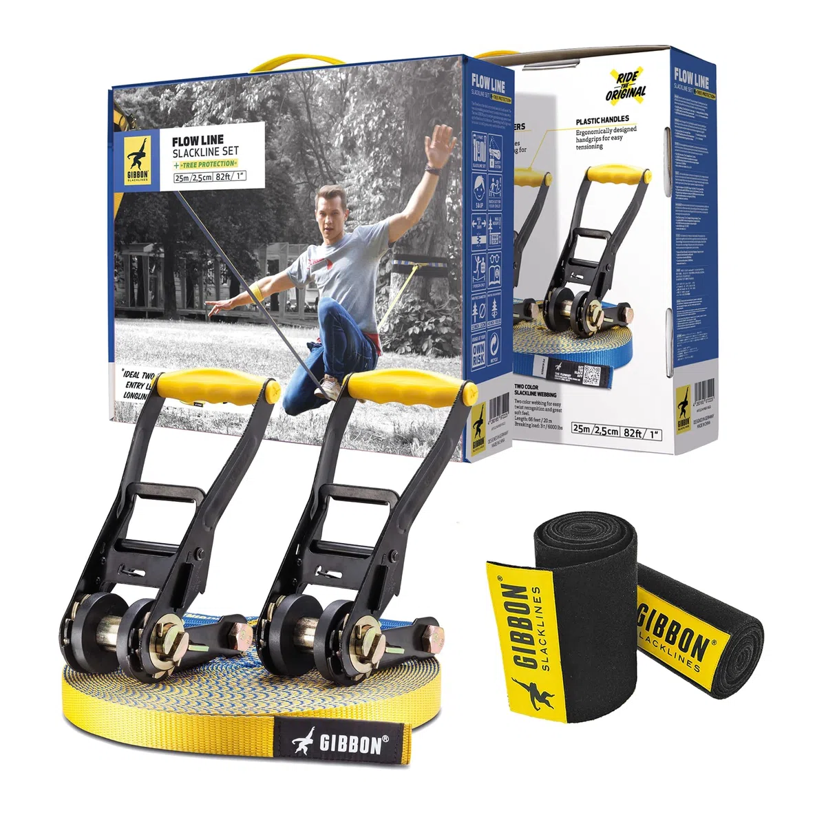 Gibbon Slacklines, Flow Line, con Treewear, blu-giallo, 25metri (22,5m di fettuccia slackline+2,5m slackline con cricchetto cucito)larghezza 1"/2,5 cm