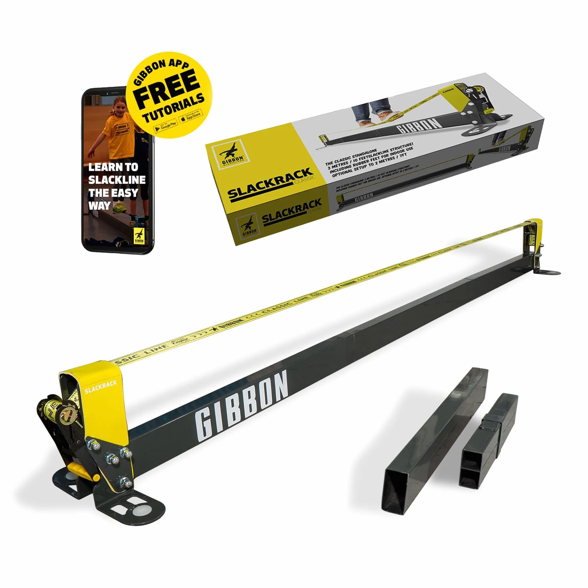 Gibbon Slacklines, Slackrack Classic, Nero-Giallo, Lunghezza del Corpo: 2 o 3 Metri, Larghezza della fettuccia: 2"/5 cm, Altezza: 30 cm