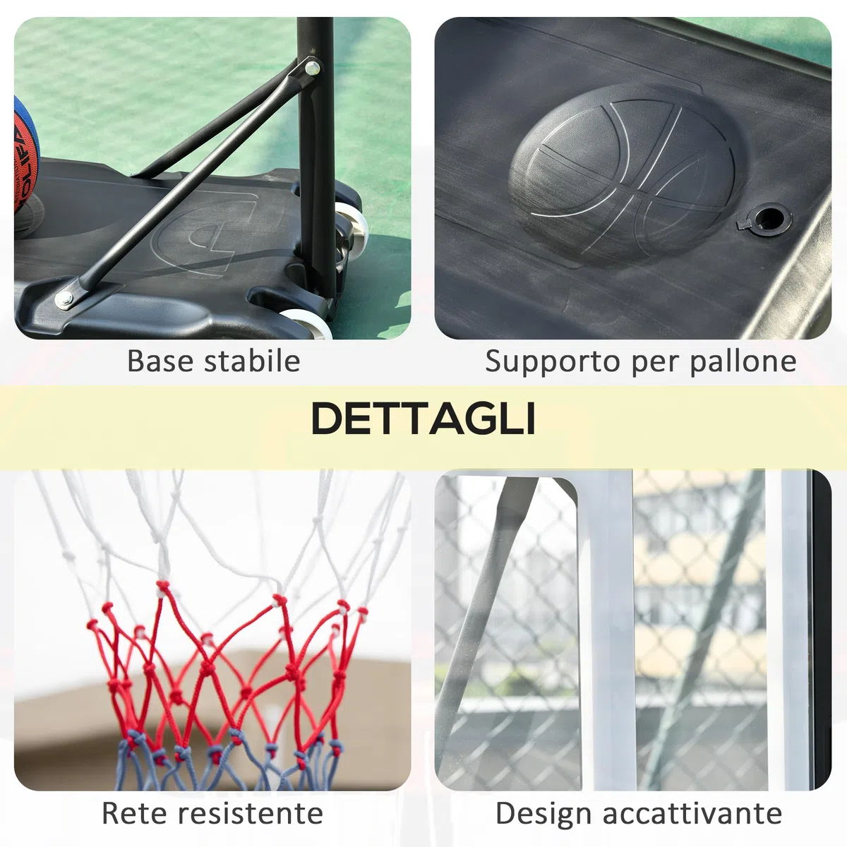 HOMCOM Canestro Basket Altezza Regolabile 160-210cm, Canestro Basket Esterno con Struttura in Acciaio e Base con Ruote, Tabellone in PE Trasparente