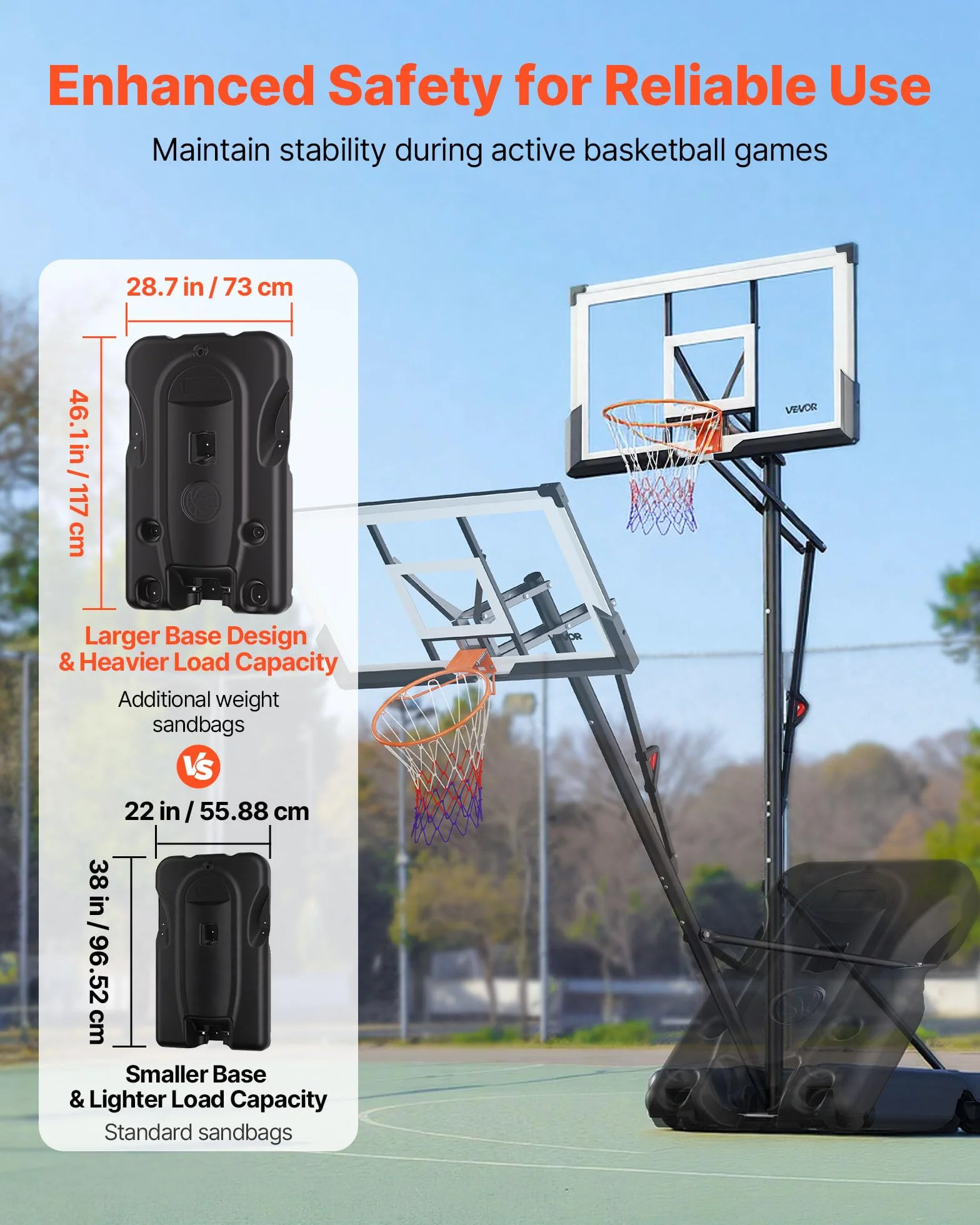 VEVOR Supporto da Basket Portatile Massimo 3,05 m Pallacanestro da Esterno con Piedistallo Regolabile in Altezza Design di Sollevamento, con Ruote e Tabellone PC da 1371,6 mm, per Cortili, Scuole