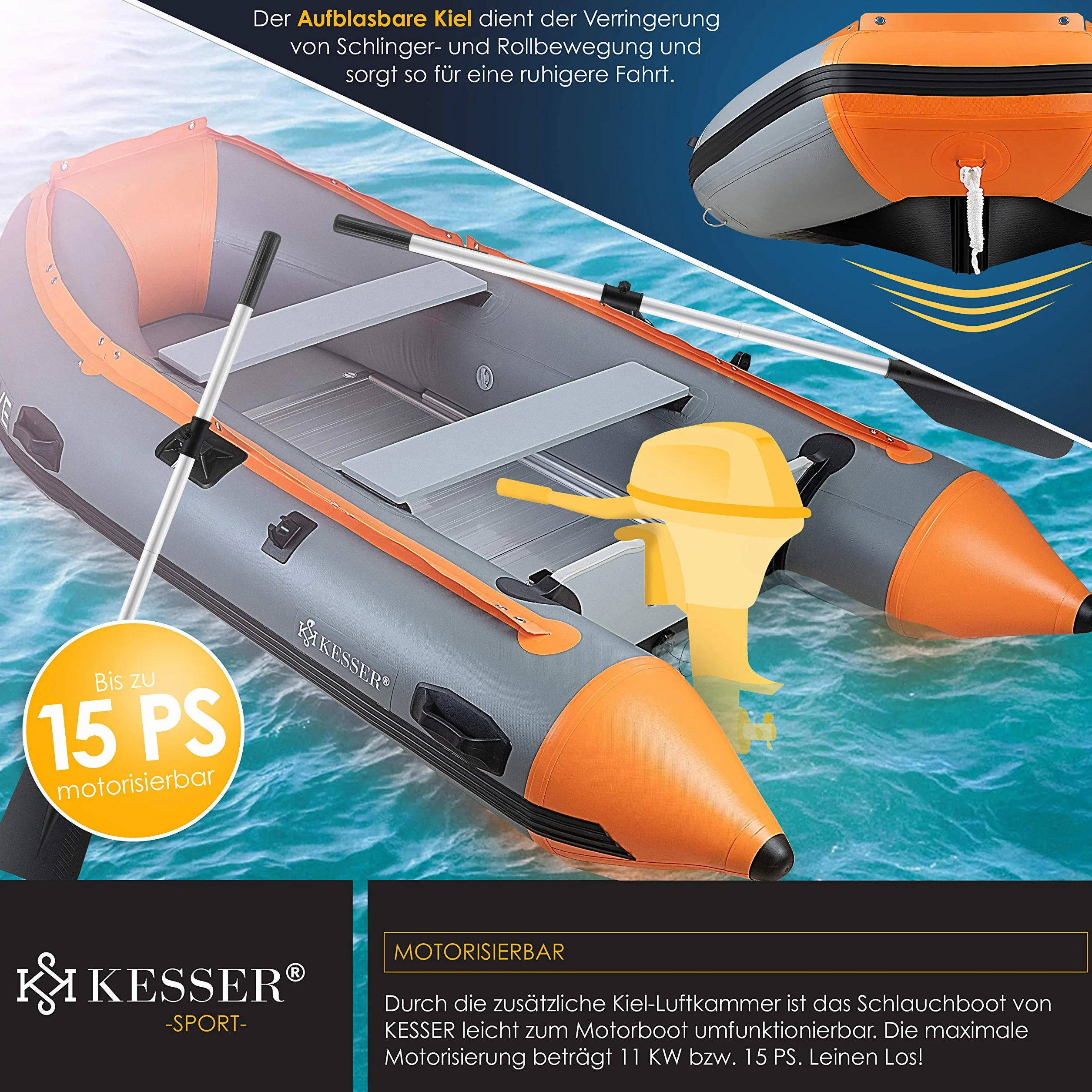 KESSER® Gommone di 3,20 m per 4 Persone - Compatibile con Motore Wave Imbarcazione da diporto Barca a Remi, da Pesca - con 2 panche - Fondo in Alluminio Remi Pompa