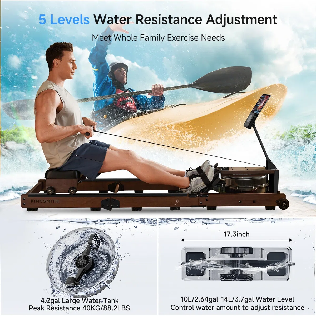 Vogatore Professionale per Casa, Vogatore ad Acqua Tripla Pieghevole con Regolazione di 5 Livelli, Capacità di Peso 180KG con Monitor a LED, Compatibile con l'app Noce