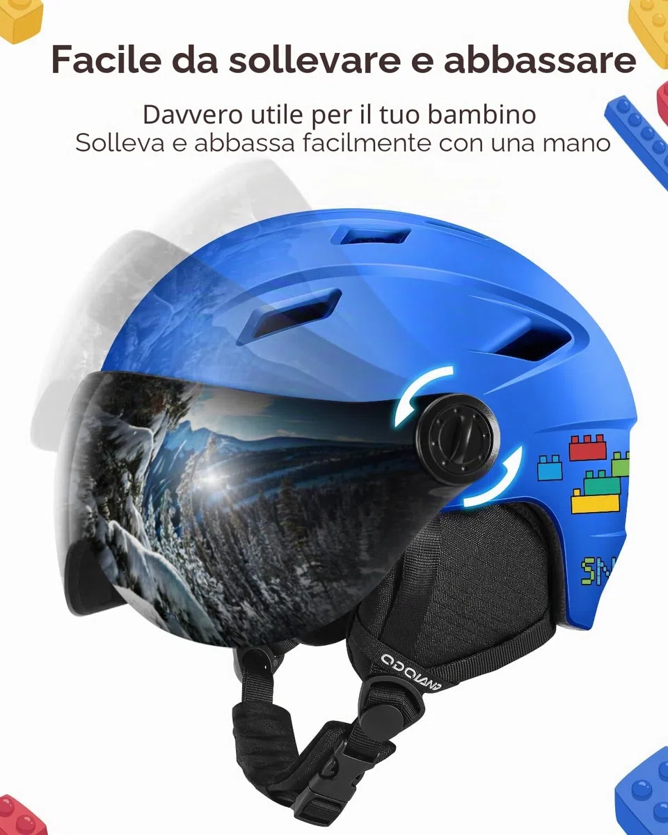 Odoland Casco da Sci per Bambini con Visiera per Ragazzi e Ragazze, Casco da Sci Regolabile con Cinturino con Fibbia Magnetica per Bambini dai 3 ai 12 Anni