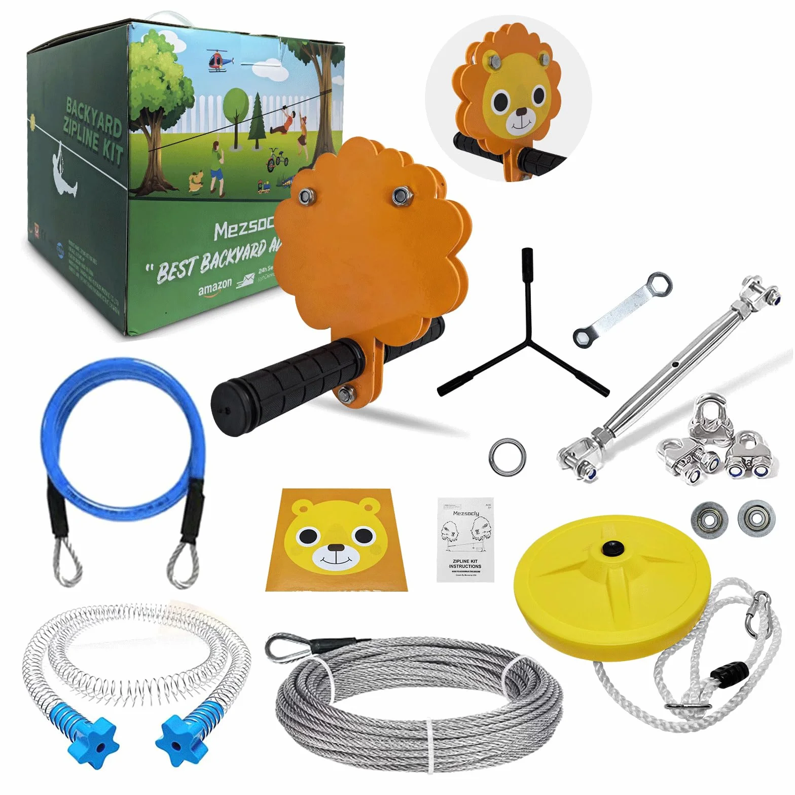 Slackline Zipline 24 m 80 piedi per bambini e adulti, gioco di avventura nel cortile, facile installazione, fino a 150 kg, resistente, cavo di sicurezza e freno a molla, giocattoli,Leone arancione