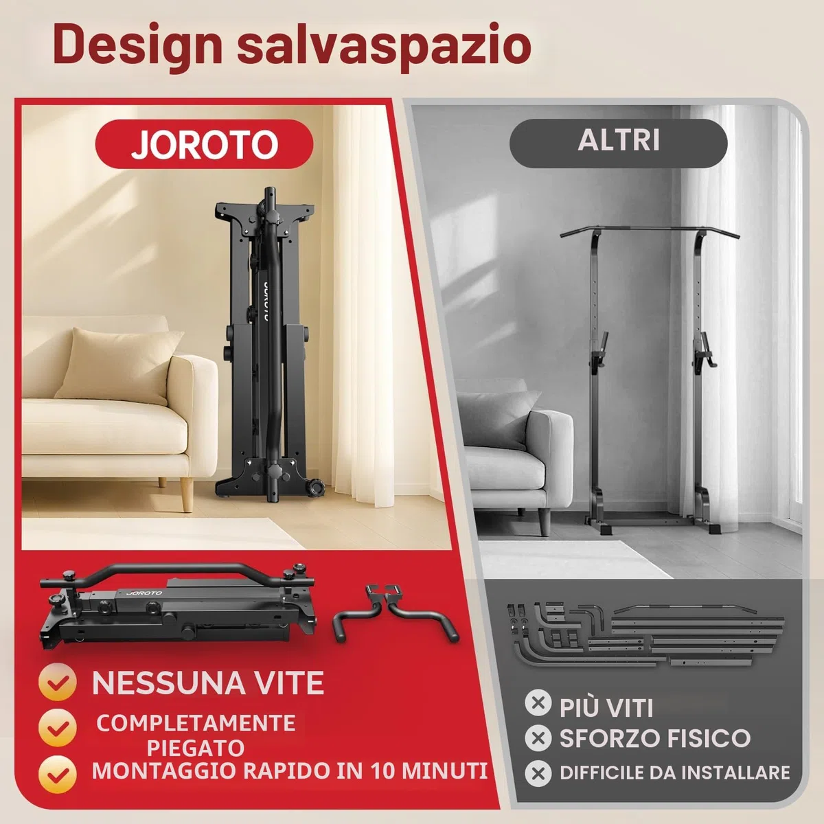 JOROTO Pieghevole Power Tower Dip Station, Regolabile in Altezza, Sbarra per Trazioni Autoportante, 5 in 1 Stazione di Allenamento per Palestra Domestica Multifunzione, Capacità di 172KG