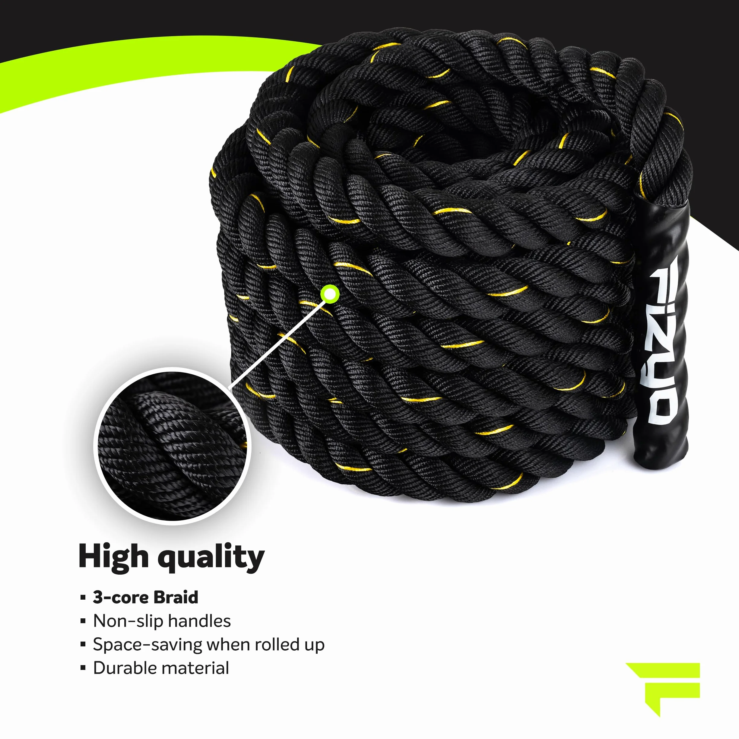 FIZYO Battle Rope – Corda da Allenamento Robusta per Functional Training, Cross Training, Forza e Resistenza – Diametro 3,8 cm, Costruzione a 3 Fili – Home Gym & Outdoor (9m)