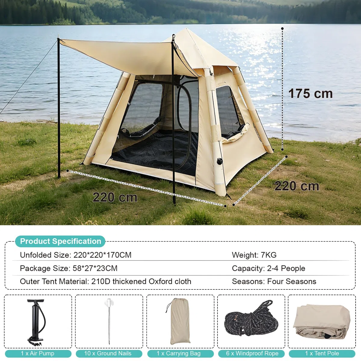 Tenda Gonfiabile da Campeggio 2 Posti 4 Stagioni – Tenda Campeggio Gonfiabile con Pompa, 90 secondi Montaggio Rapido, Impermeabile Antivento, Tenda per Famiglia Festival, Attività all'aperto, Trekking