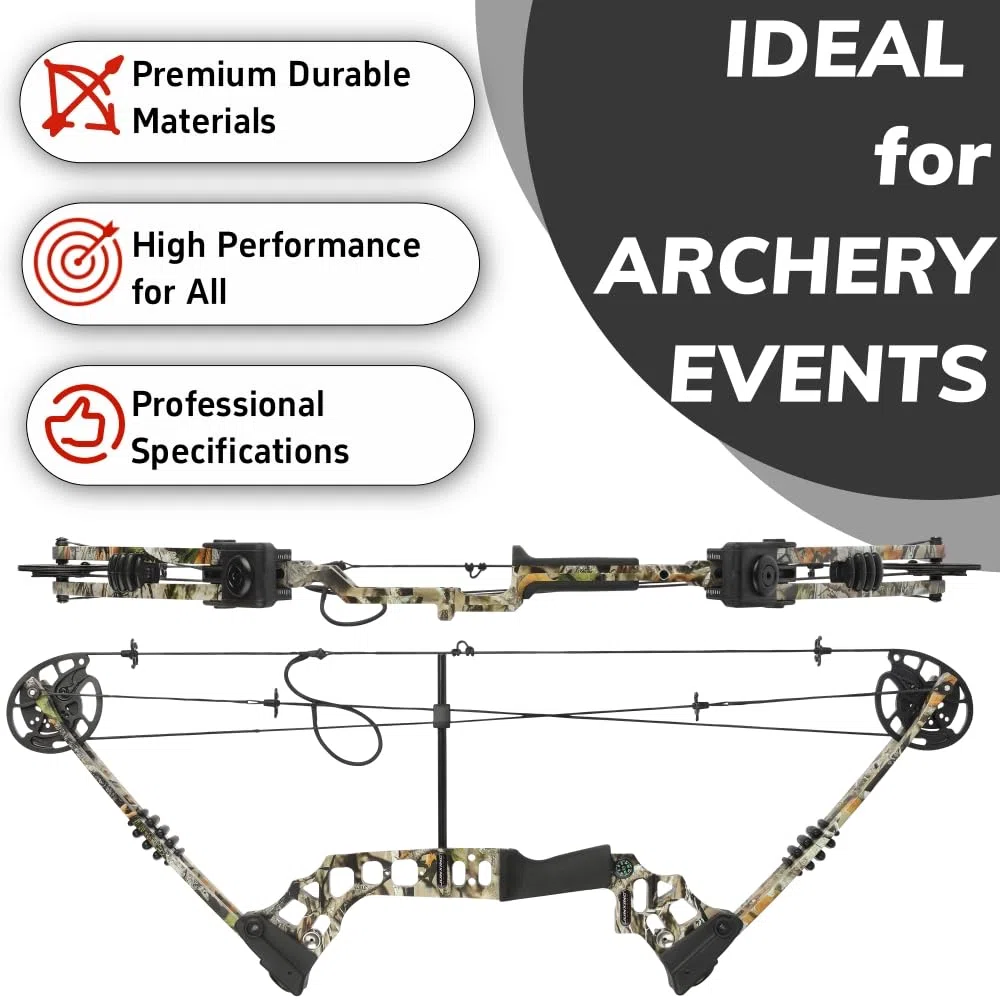 Set arco compound pronto per la caccia - Potenza di trazione 20-70 libbre, lunghezza di trazione 24“-30”, velocità 320 fps, completo di tutti gli accessori per la caccia e il tiro al bersaglio