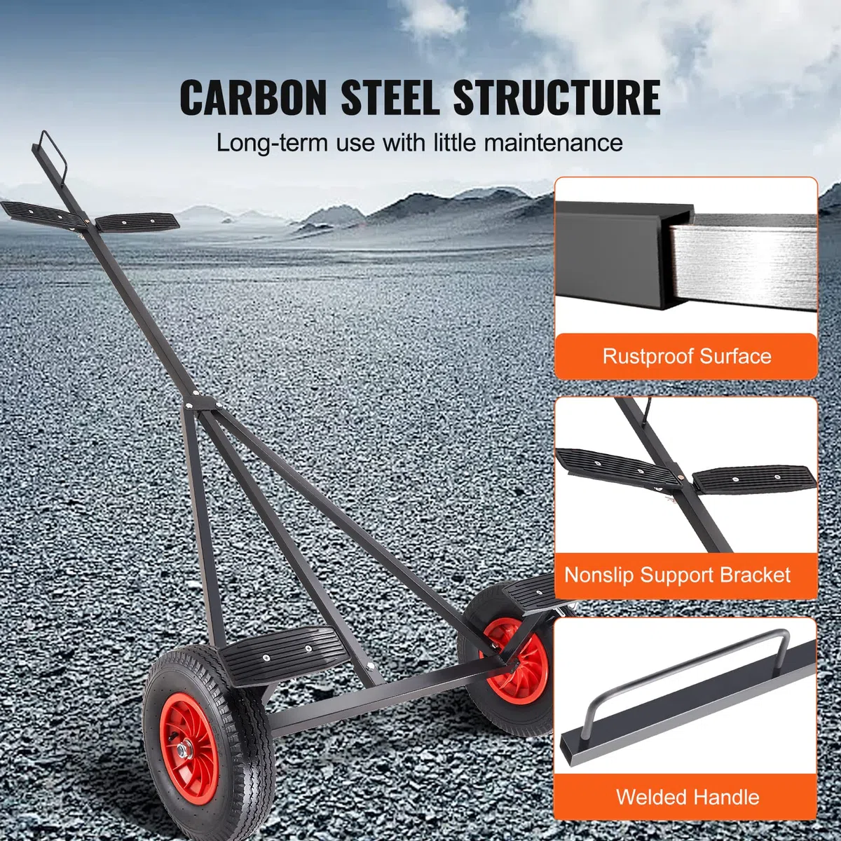 VEVOR Carrello per Rimorchio Barche Manuale Capacità Carico Max. 190kg Ruote in Gomma Diametro 40,6cm per Rimorchio di Barche, Carrello Rimorchio in Acciaio al Carbonio Lunghezza Regolabile 244-294cm