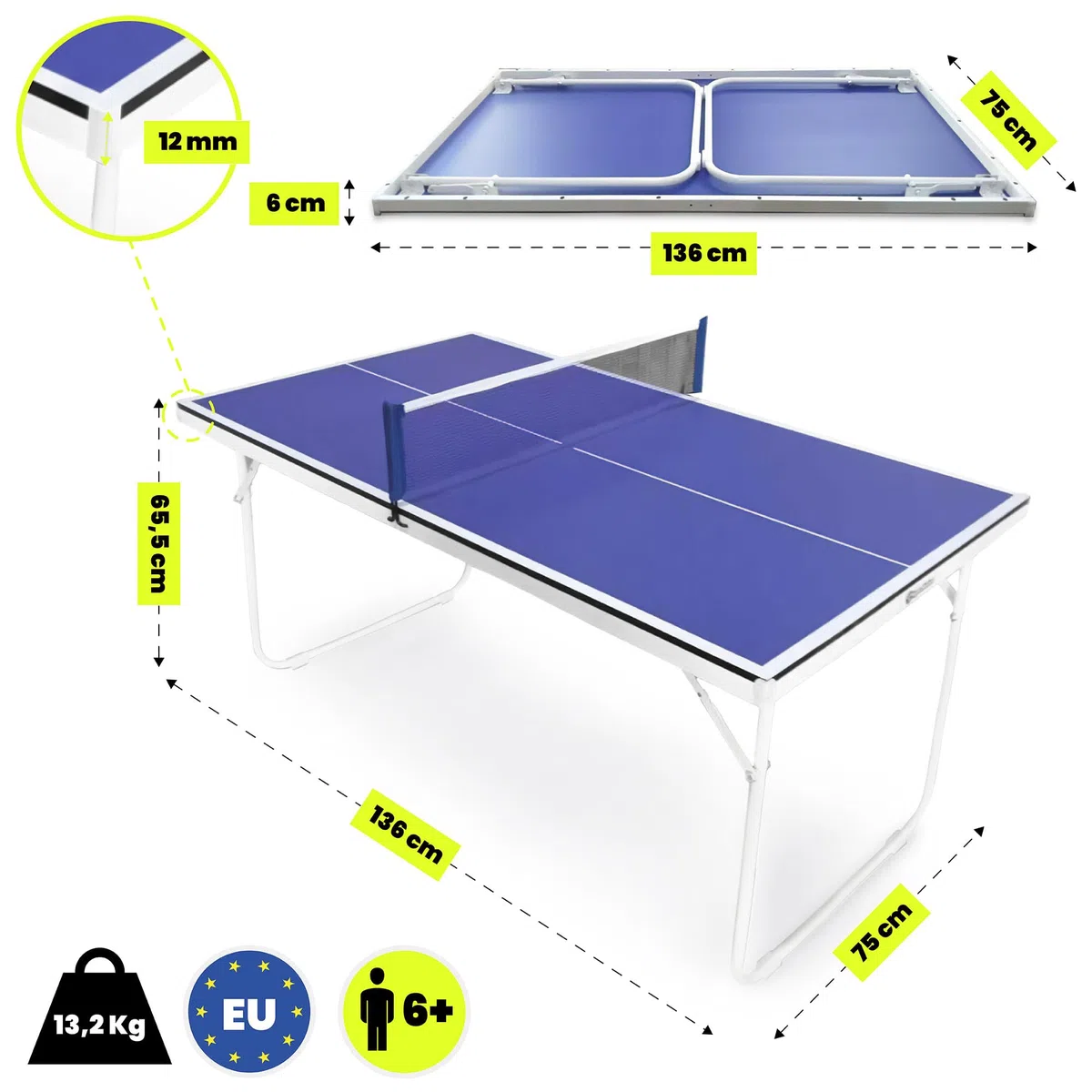 HyperMotion Tavolo da ping pong pieghevole ping pong per bambini e adulti, modello compatto per la casa con rete, racchette e palline